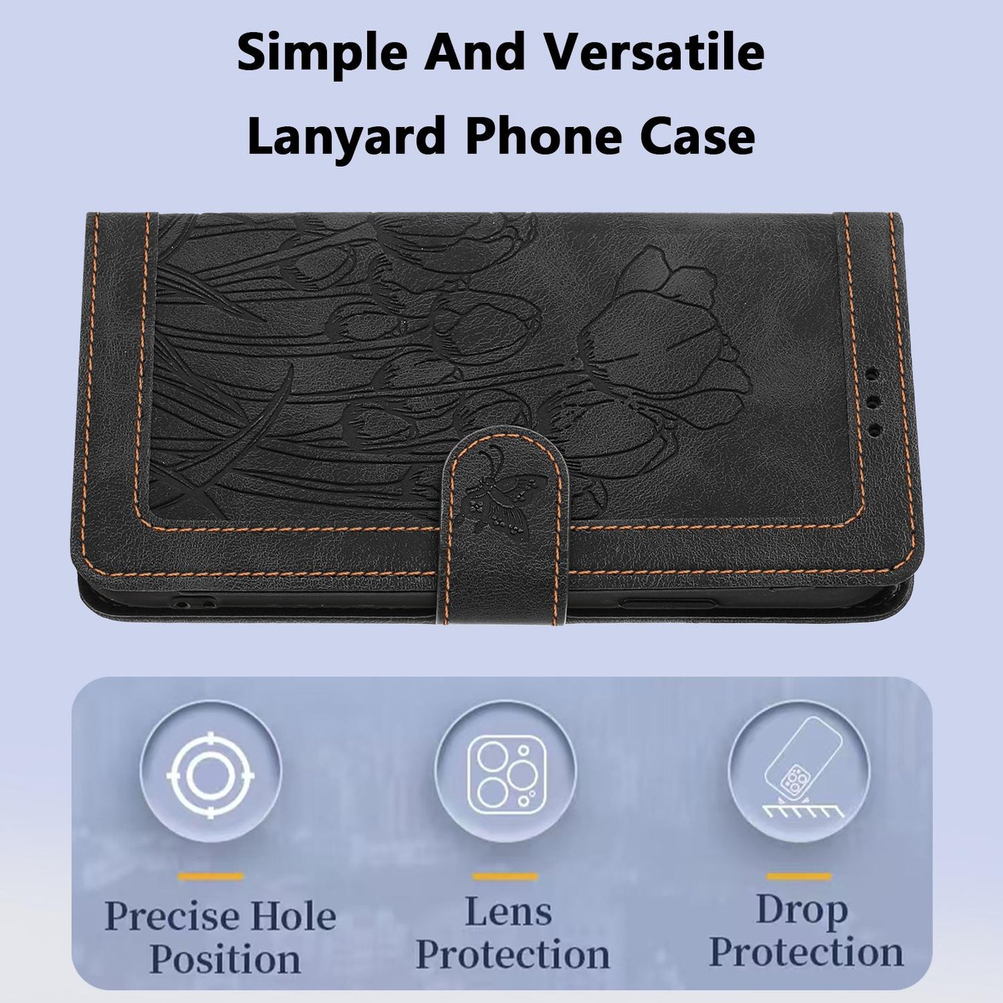 For Samsung Galaxy S25 Edge 5G Tulips Embossed Leather Phone Case with Lanyard(Black)
