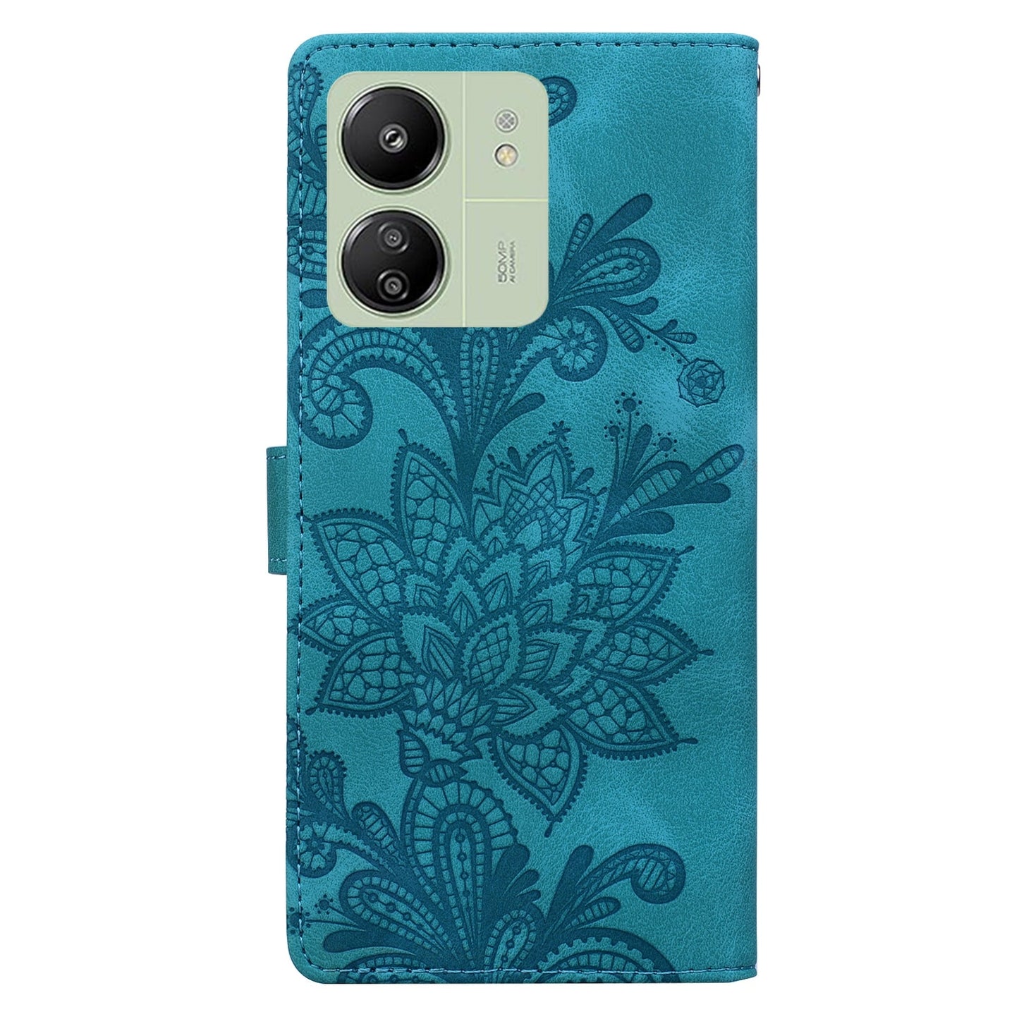 For Redmi 14C Lace Floral Embossed Magnetic Buckle PU Phone Case With Wrist Strap(Green)