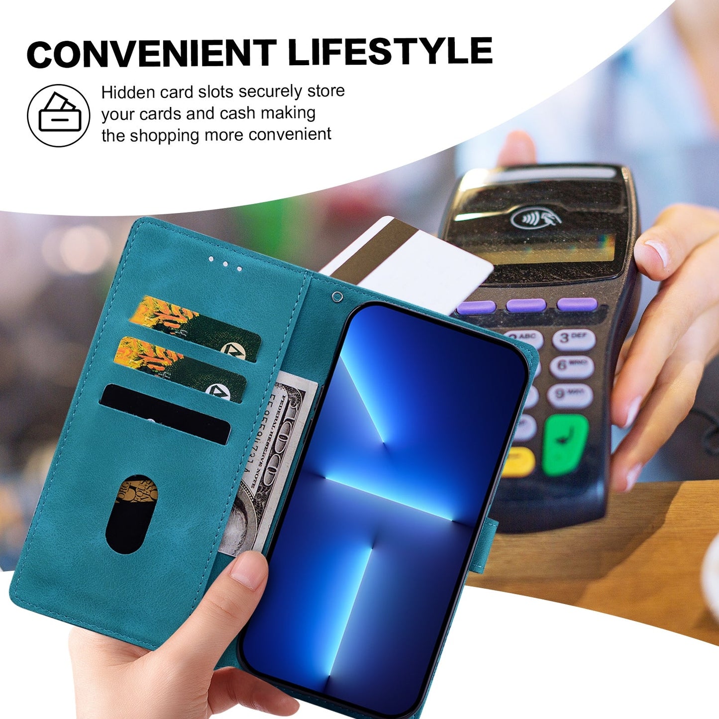 For Redmi 14C Lace Floral Embossed Magnetic Buckle PU Phone Case With Wrist Strap(Green)