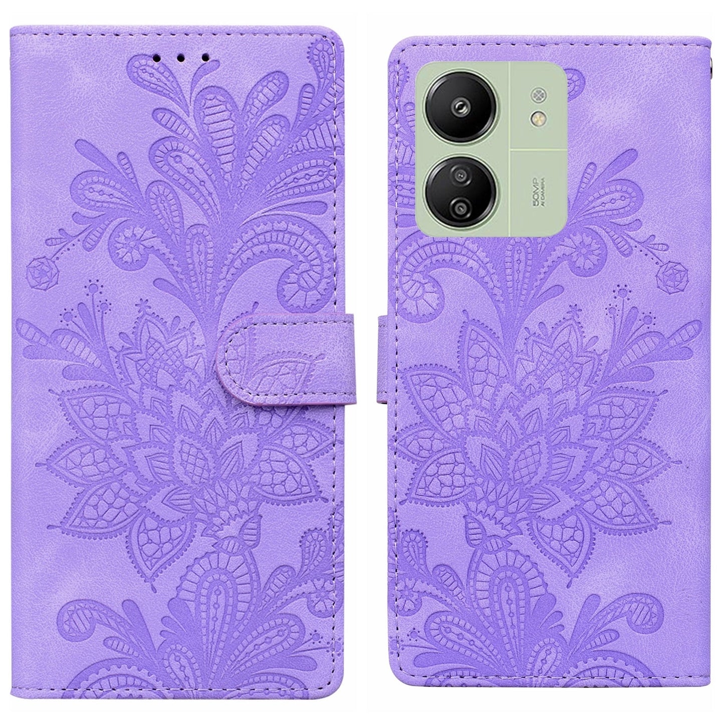 For Redmi 14C Lace Floral Embossed Magnetic Buckle PU Phone Case With Wrist Strap(Purple)