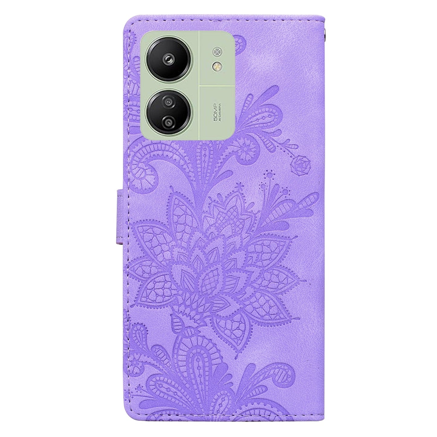 For Redmi 14C Lace Floral Embossed Magnetic Buckle PU Phone Case With Wrist Strap(Purple)