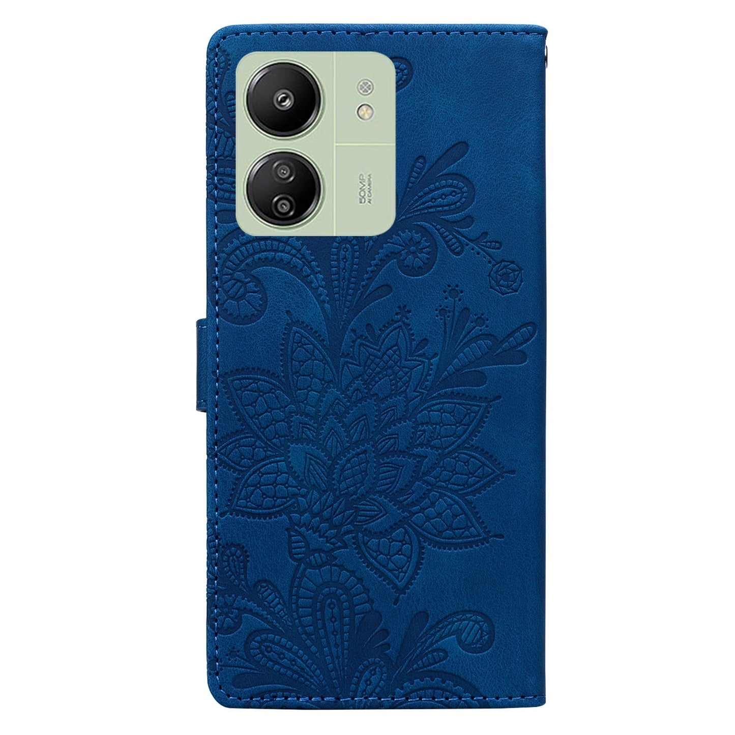 For Redmi 14C Lace Floral Embossed Magnetic Buckle PU Phone Case With Wrist Strap(Blue)