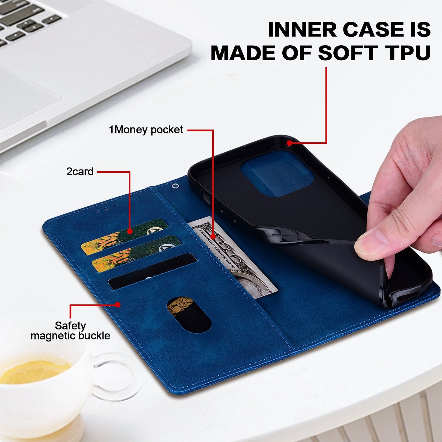 For Redmi 14C Lace Floral Embossed Magnetic Buckle PU Phone Case With Wrist Strap(Blue)