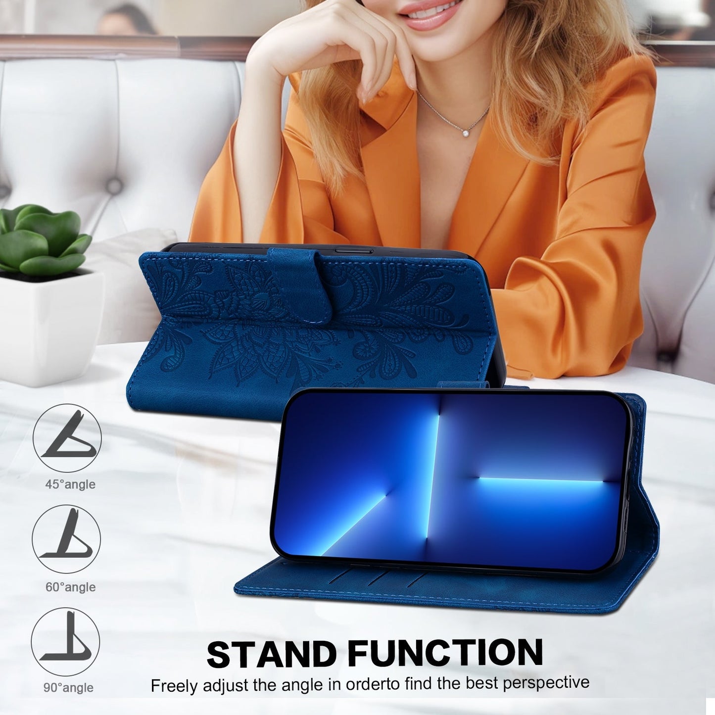 For Redmi 14C Lace Floral Embossed Magnetic Buckle PU Phone Case With Wrist Strap(Blue)