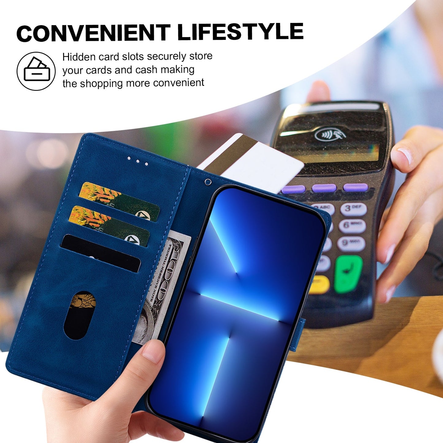 For Redmi 14C Lace Floral Embossed Magnetic Buckle PU Phone Case With Wrist Strap(Blue)