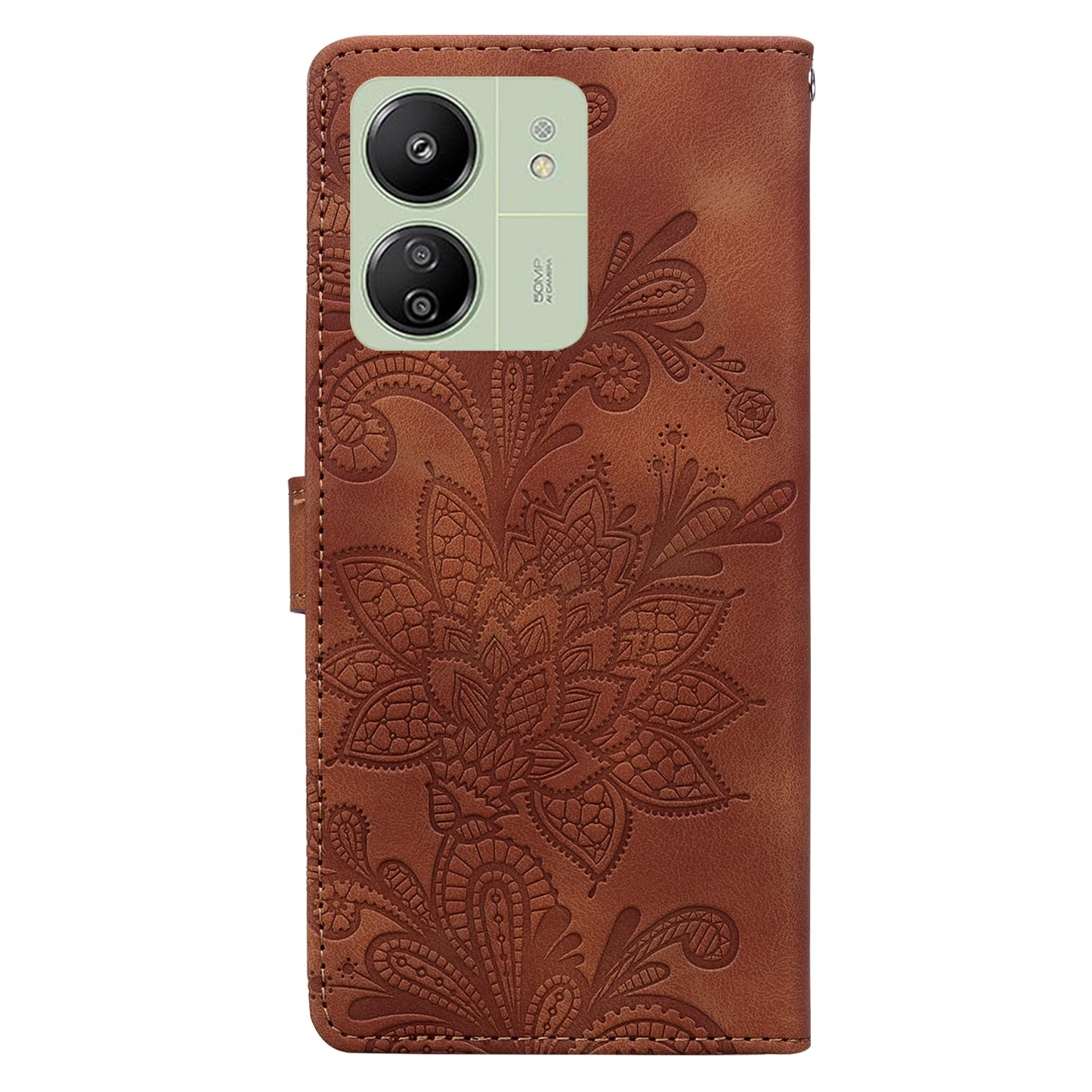 For Redmi 14C Lace Floral Embossed Magnetic Buckle PU Phone Case With Wrist Strap(Brown)