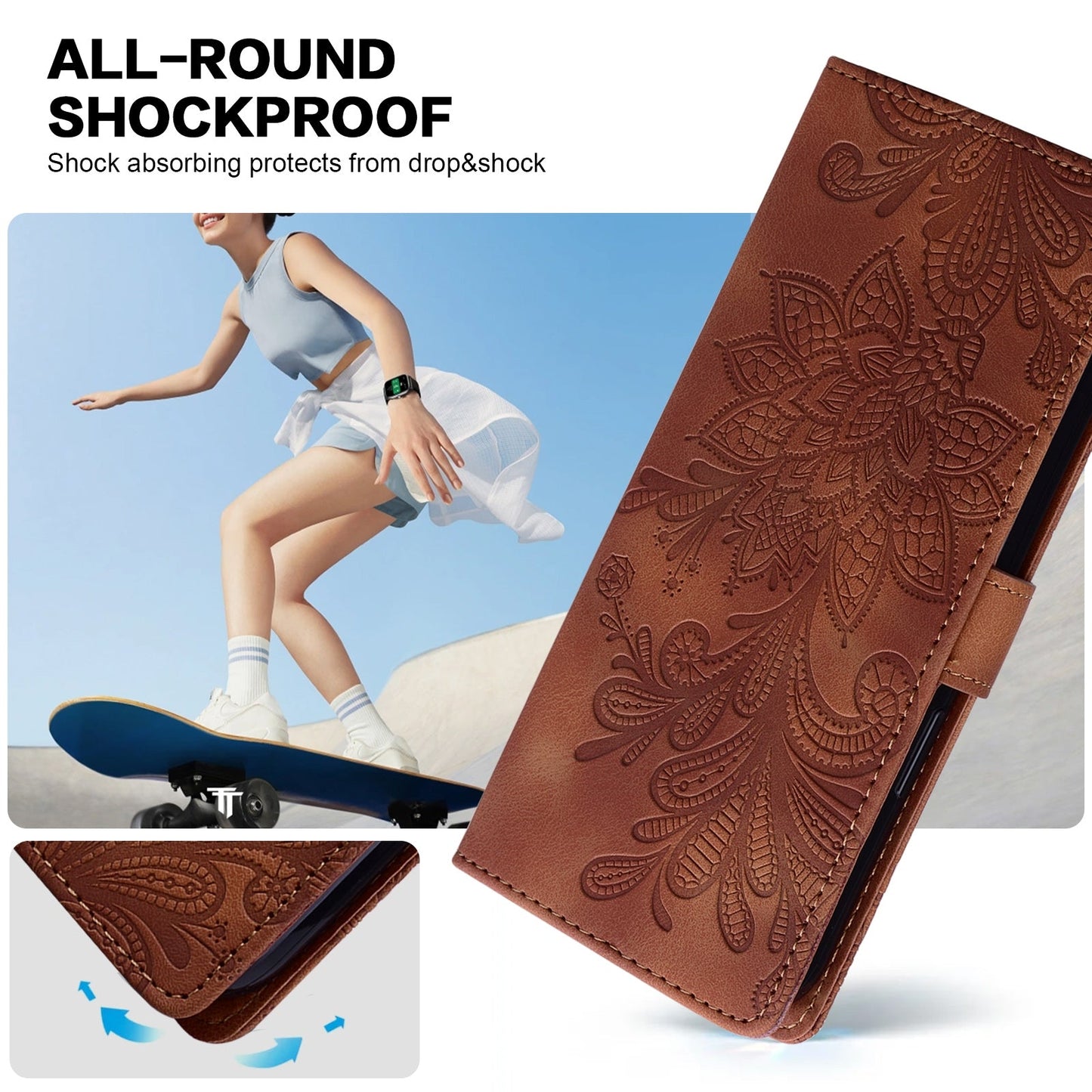 For Redmi 14C Lace Floral Embossed Magnetic Buckle PU Phone Case With Wrist Strap(Brown)