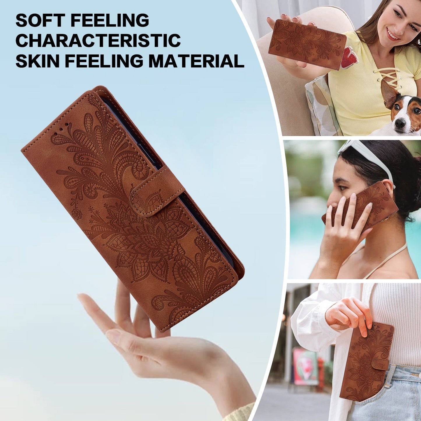 For Redmi 14C Lace Floral Embossed Magnetic Buckle PU Phone Case With Wrist Strap(Brown)