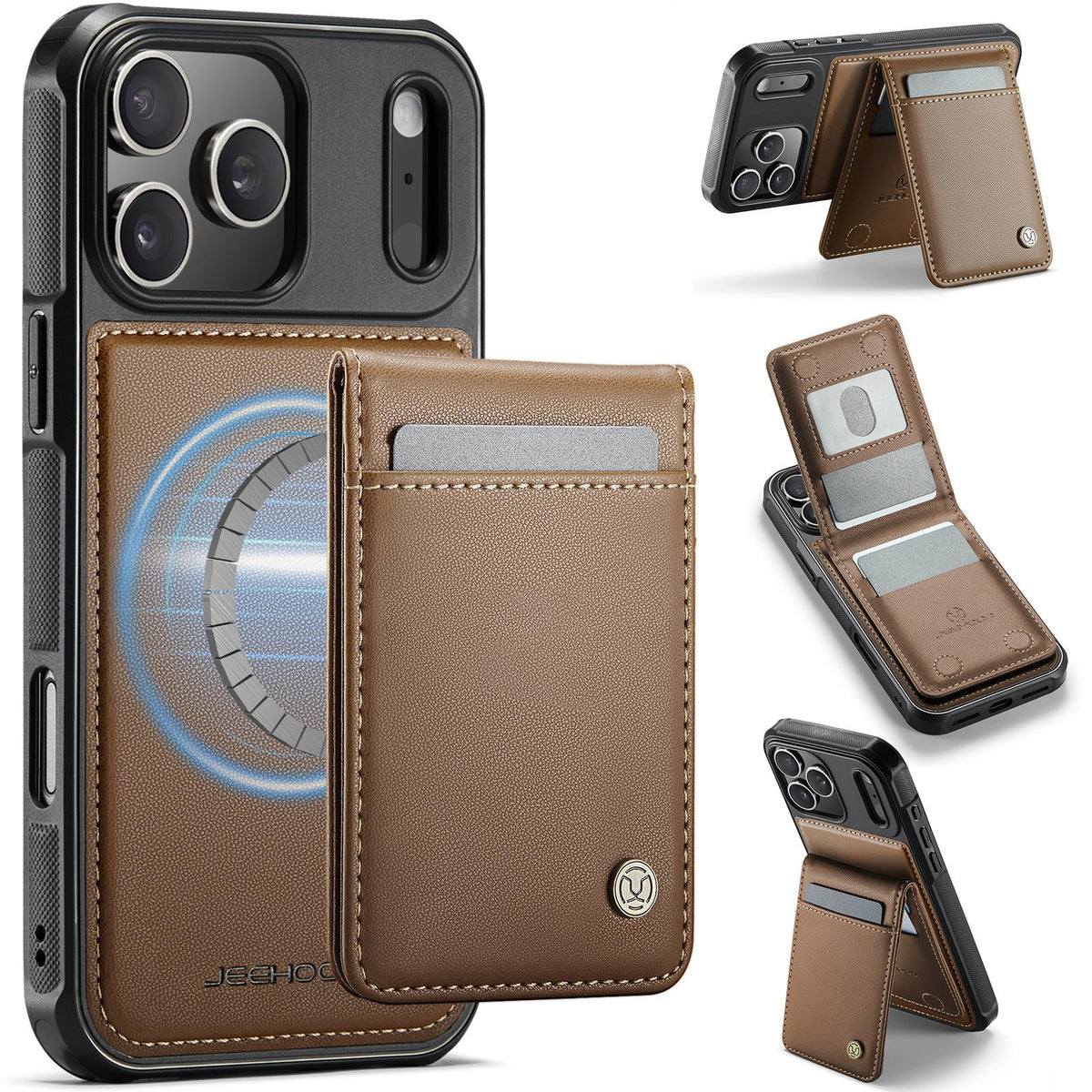 Compatible with iPhone 18 Pro Max JEEHOOD J06 British Style RFID MagSafe Card Bag PU Phone Case - Brown