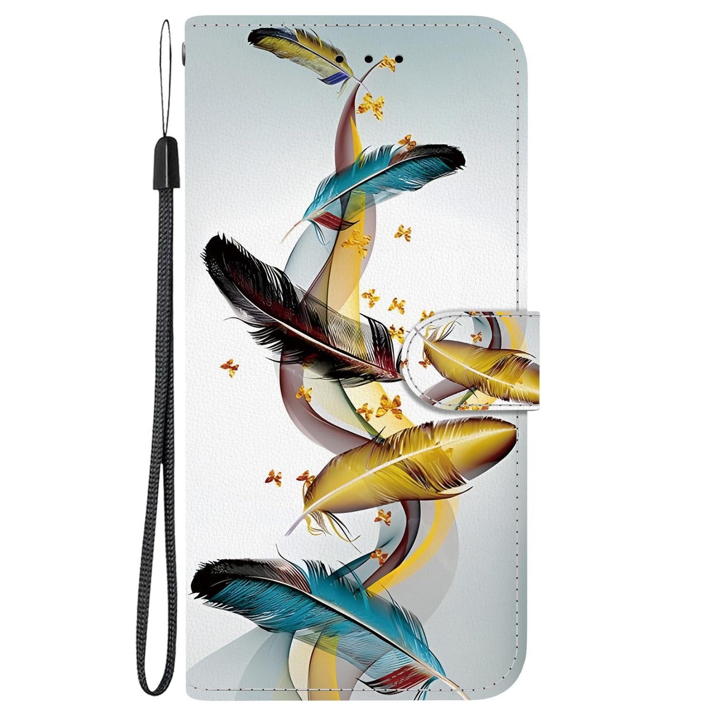 For iPhone 16e Crystal Texture Colored Drawing Leather Phone Case(Gold Butterfly Feathers)