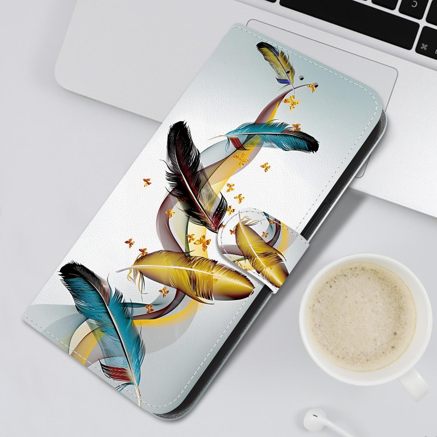 For iPhone 16e Crystal Texture Colored Drawing Leather Phone Case(Gold Butterfly Feathers)