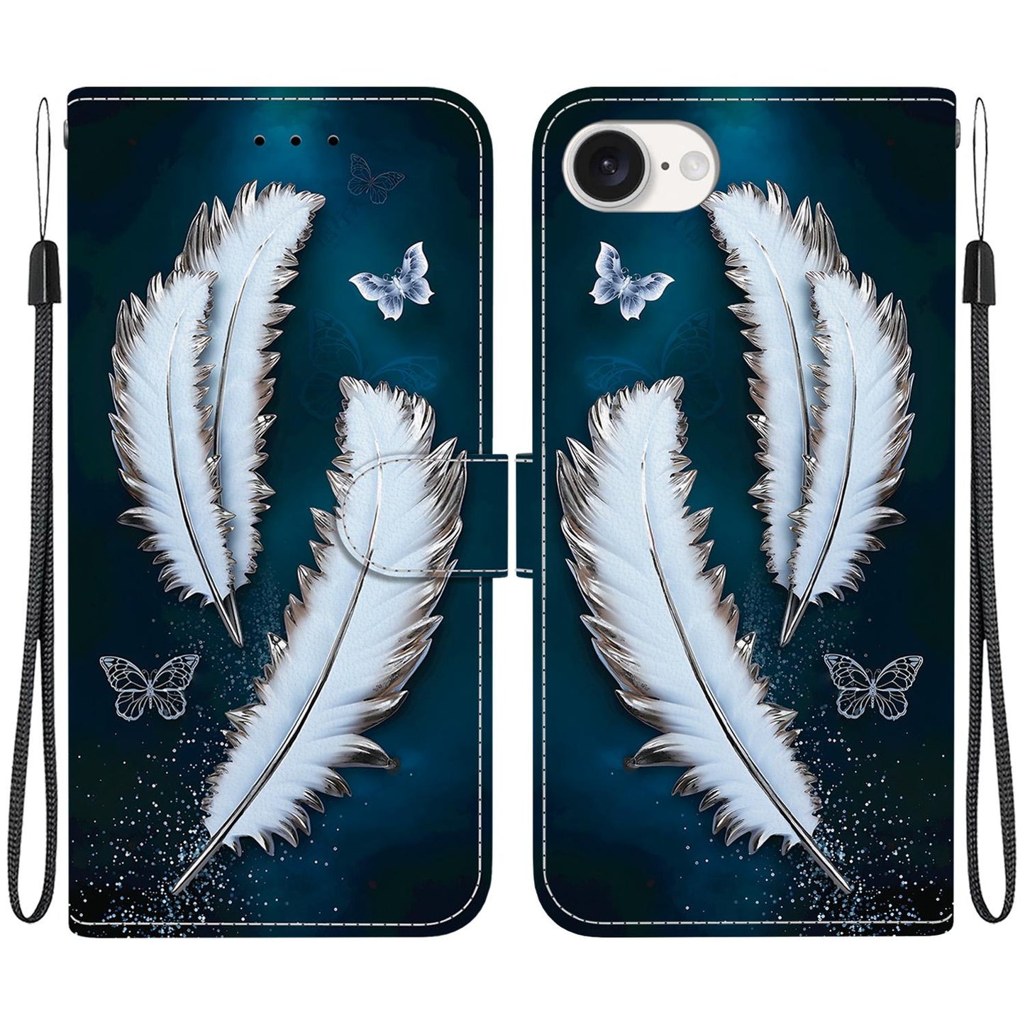 For iPhone 16e Crystal Texture Colored Drawing Leather Phone Case(White Butterfly Feathers)