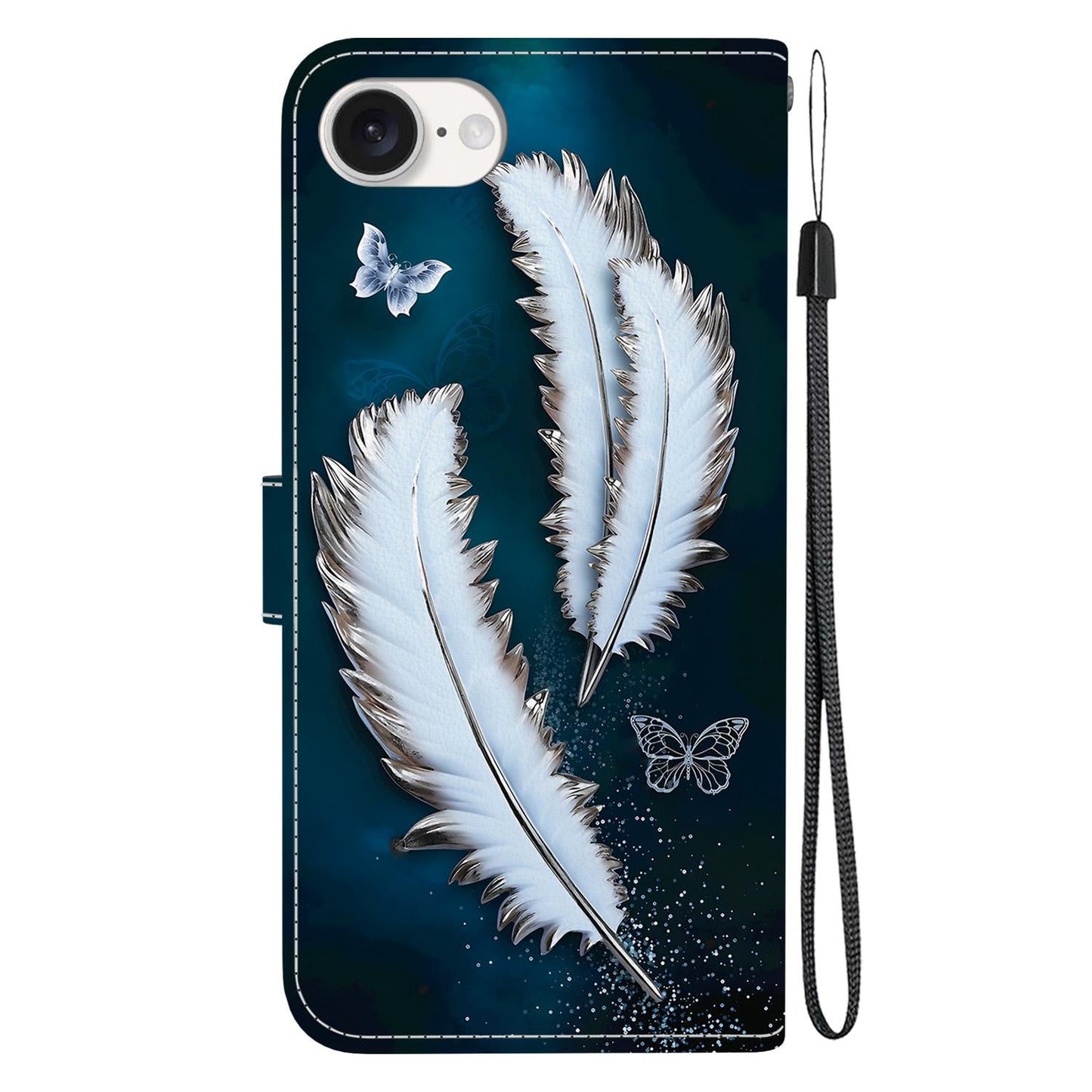 For iPhone 16e Crystal Texture Colored Drawing Leather Phone Case(White Butterfly Feathers)