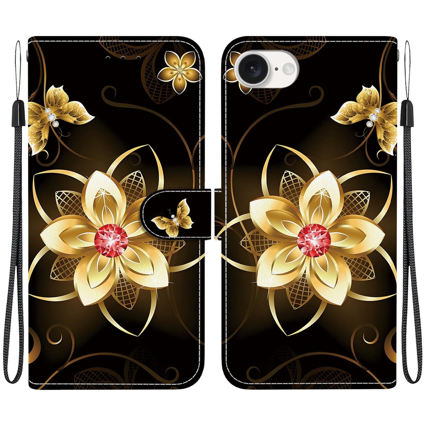 For iPhone 16e Crystal Texture Colored Drawing Leather Phone Case(Gold Flower)