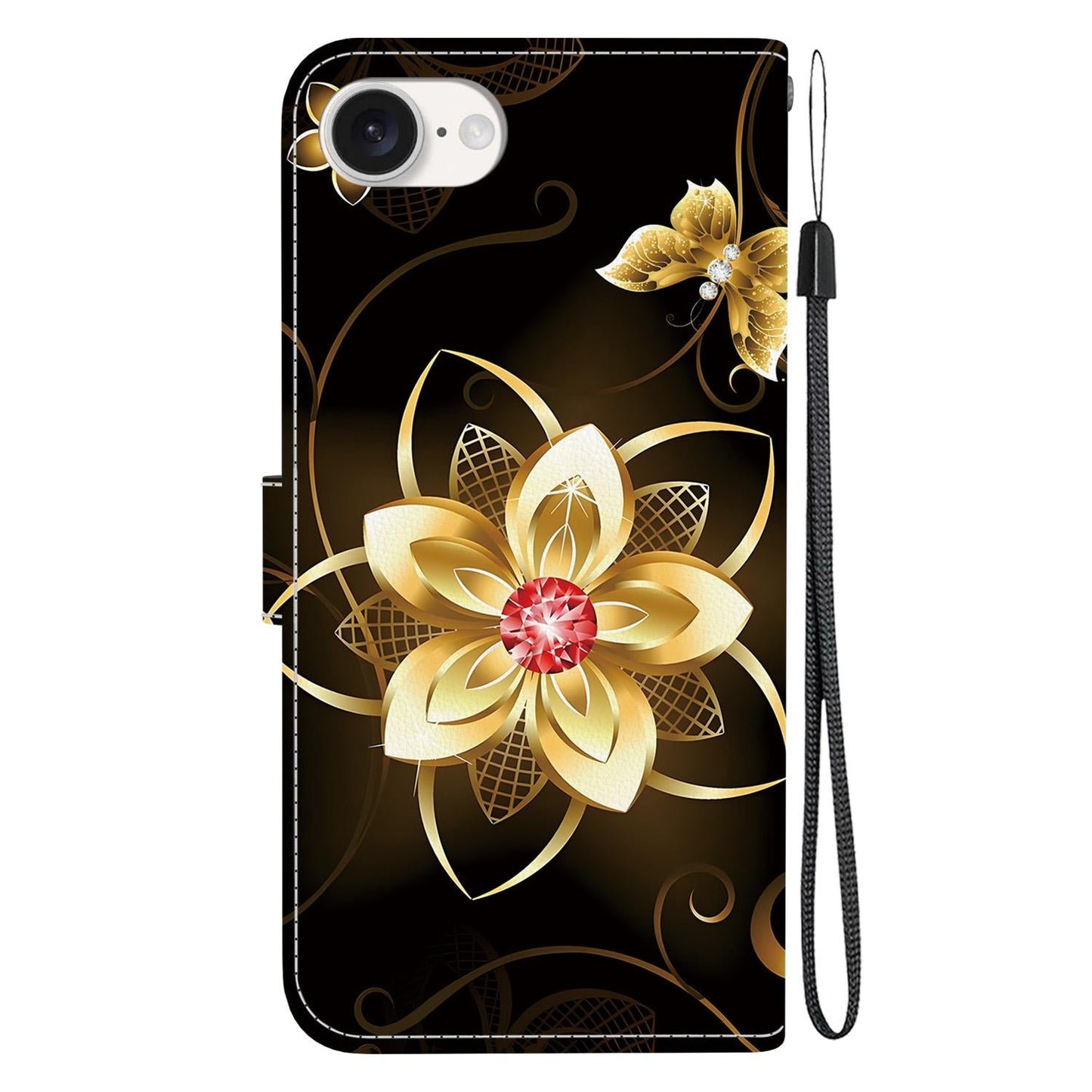 For iPhone 16e Crystal Texture Colored Drawing Leather Phone Case(Gold Flower)