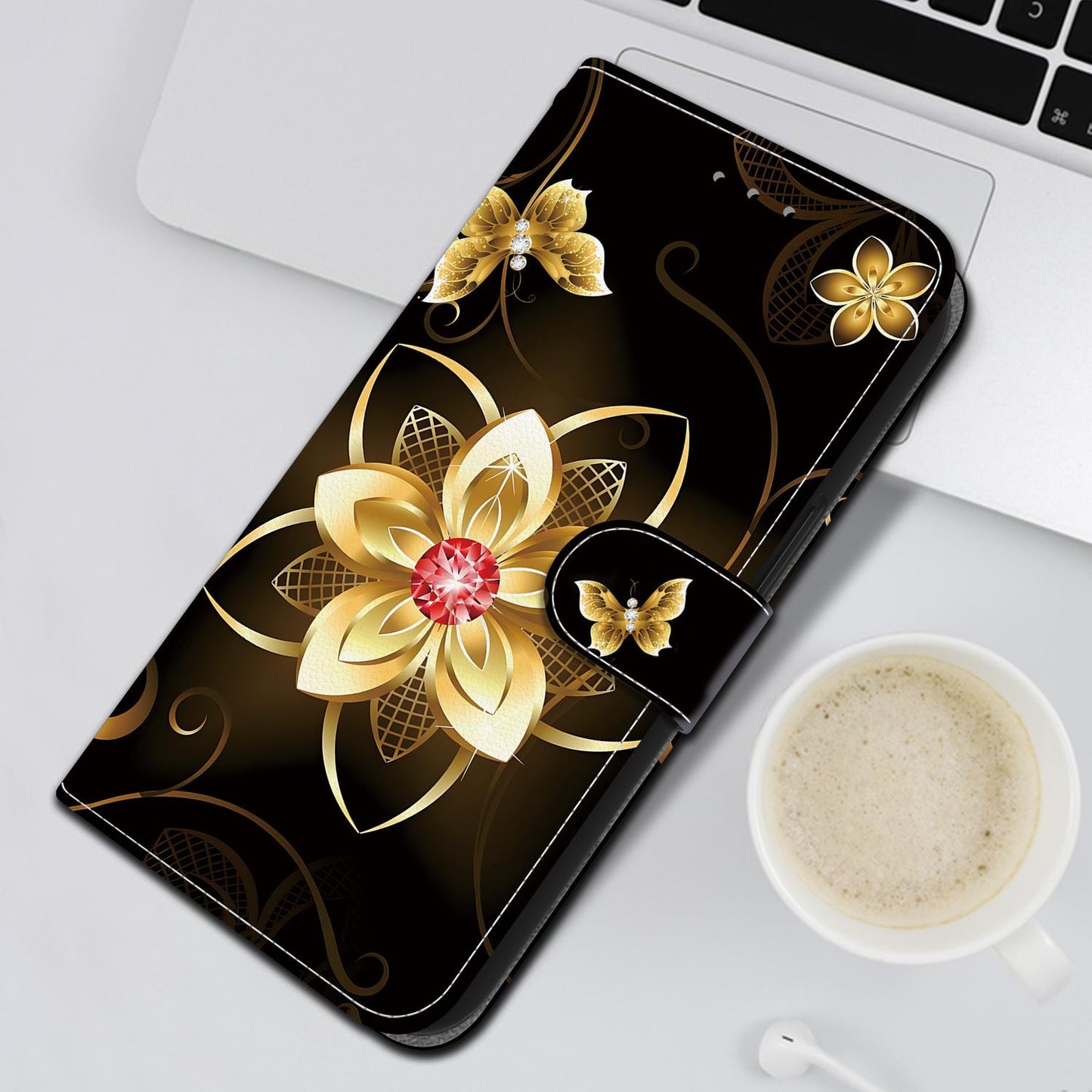 For iPhone 16e Crystal Texture Colored Drawing Leather Phone Case(Gold Flower)