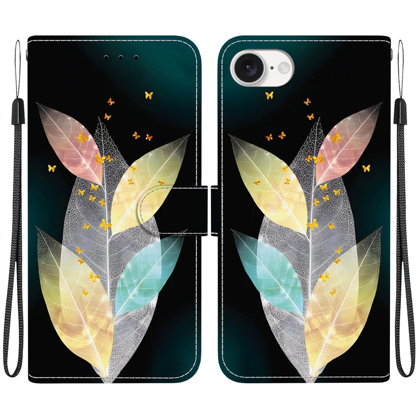 For iPhone 16e Crystal Texture Colored Drawing Leather Phone Case(Colored Leaves)