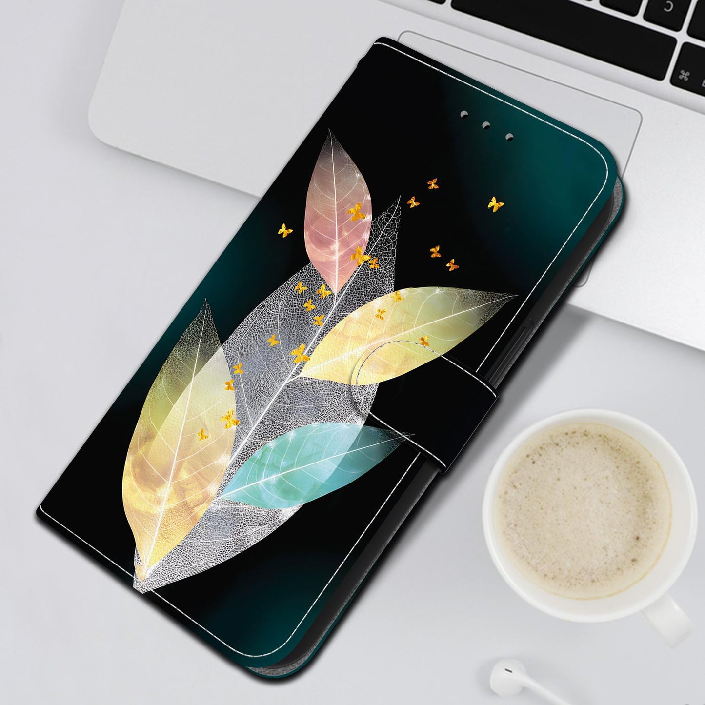 For iPhone 16e Crystal Texture Colored Drawing Leather Phone Case(Colored Leaves)