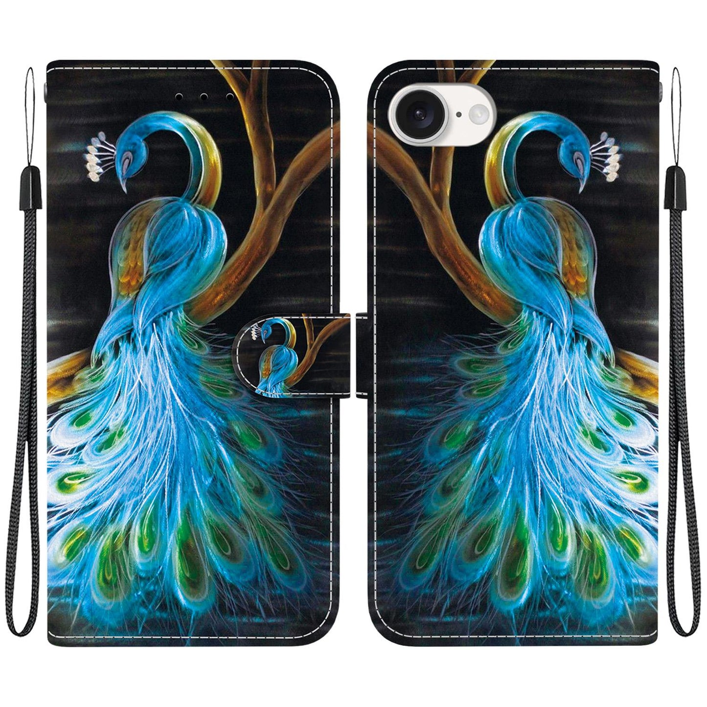 For iPhone 16e Crystal Texture Colored Drawing Leather Phone Case(Peacock)