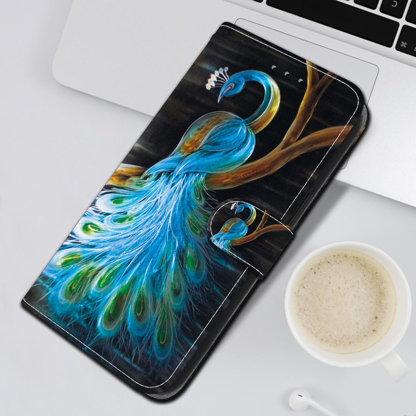 For iPhone 16e Crystal Texture Colored Drawing Leather Phone Case(Peacock)
