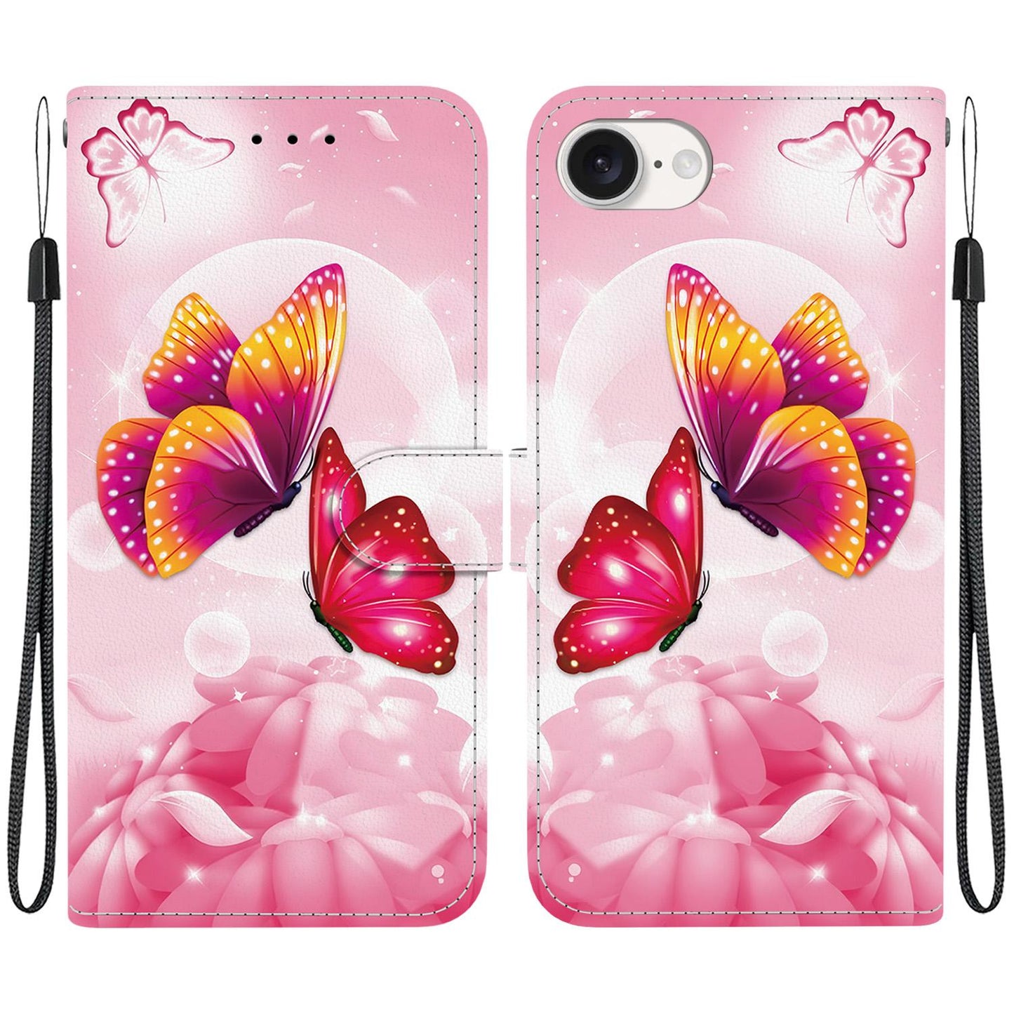 For iPhone 16e Crystal Texture Colored Drawing Leather Phone Case(Pink Butterflies)