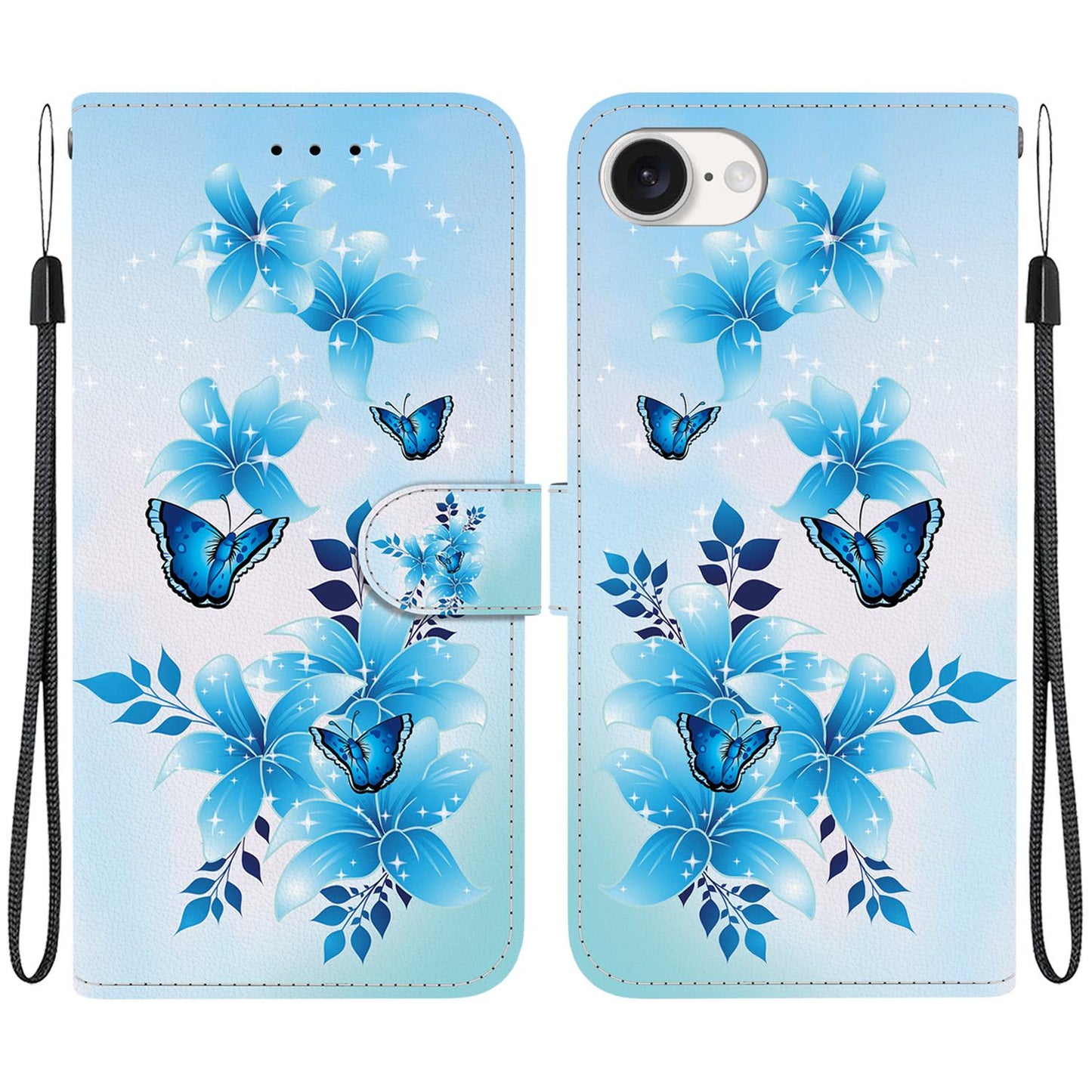 For iPhone 16e Crystal Texture Colored Drawing Leather Phone Case(Blue Butterflies)