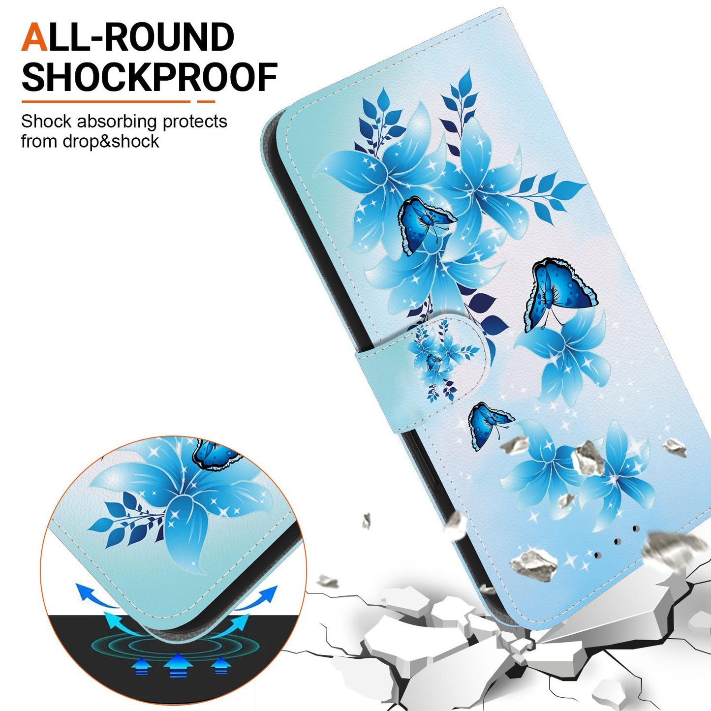 For iPhone 16e Crystal Texture Colored Drawing Leather Phone Case(Blue Butterflies)