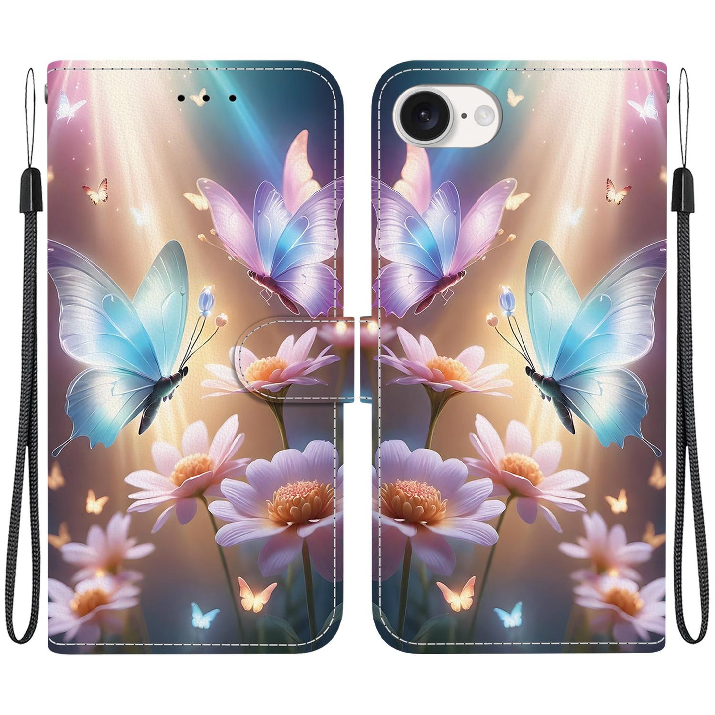 For iPhone 16e Crystal Texture Colored Drawing Leather Phone Case(Butterfly Love Flower)