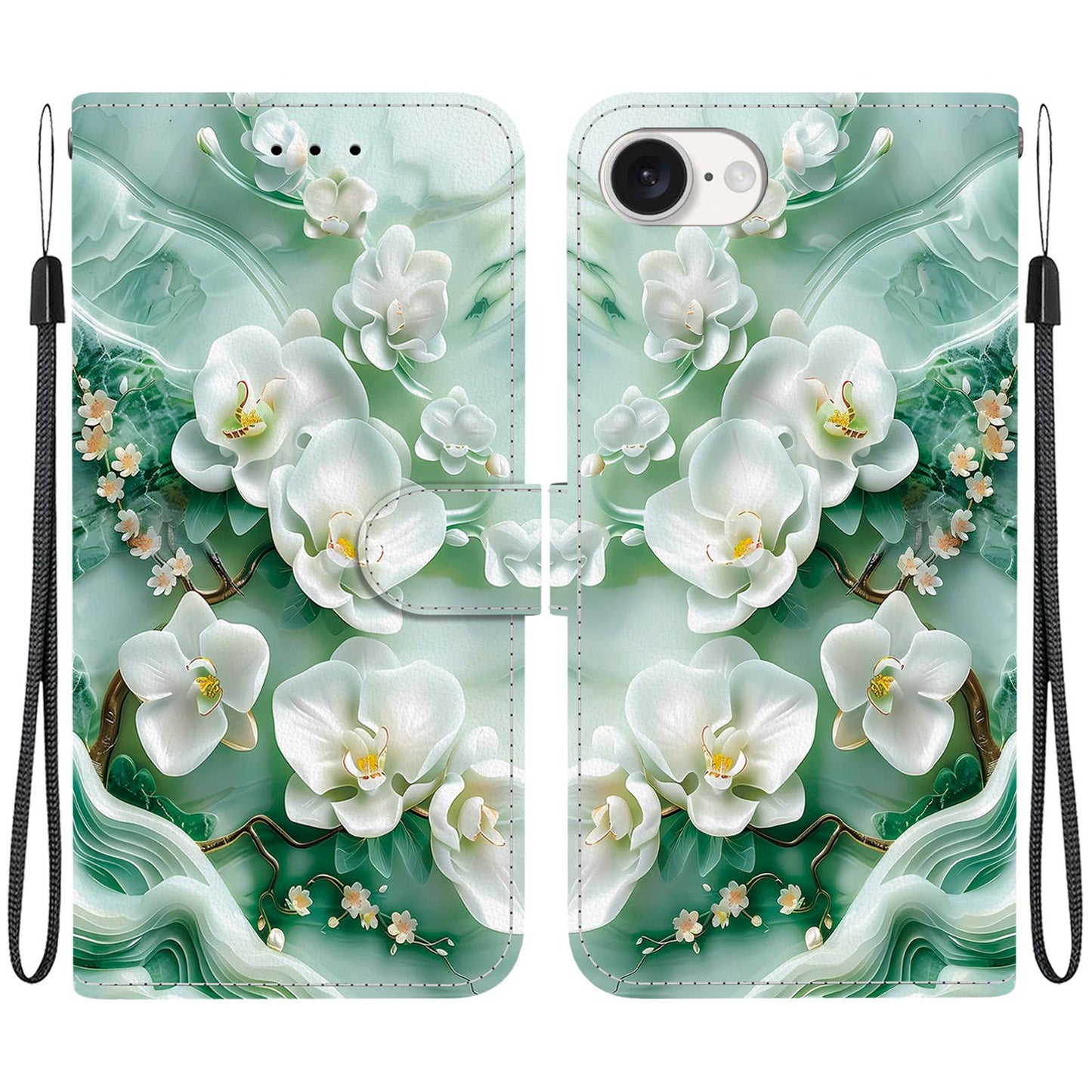 For iPhone 16e Crystal Texture Colored Drawing Leather Phone Case(Jade Flowers)