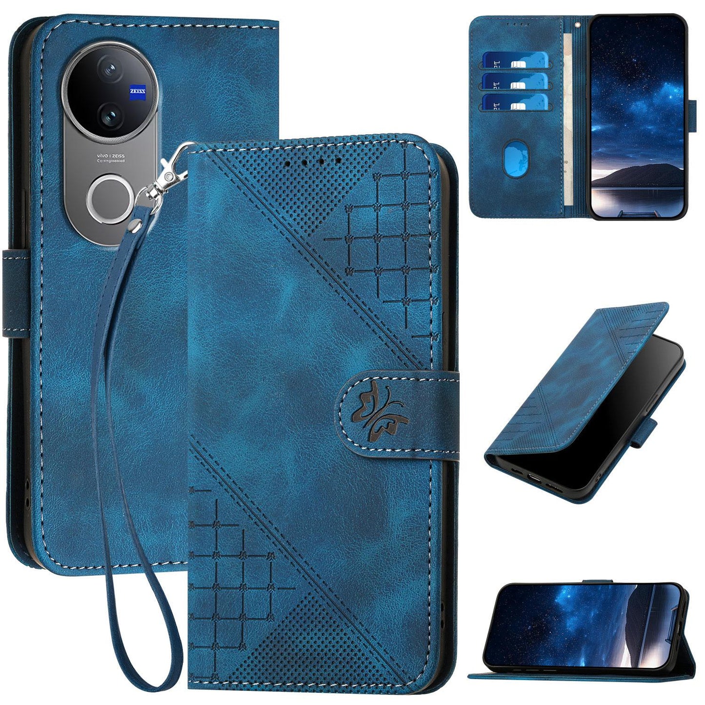 For vivo V50 Grid Butterfly Embossed Pattern Leather Phone Case with Lanyard(Dark Blue)