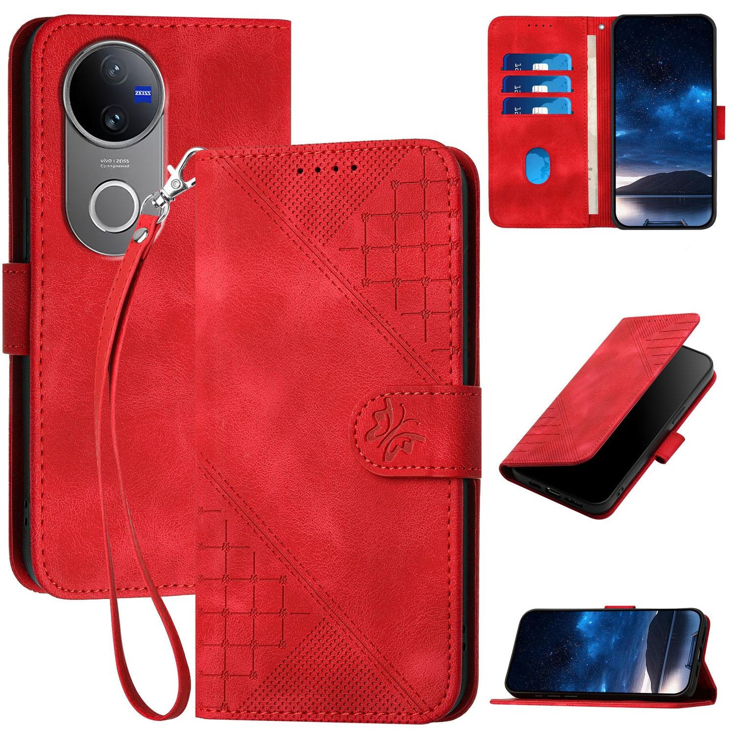 For vivo V50 Grid Butterfly Embossed Pattern Leather Phone Case with Lanyard(Red)