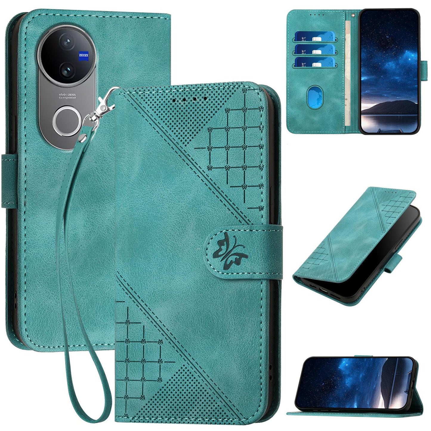 For vivo V50 Grid Butterfly Embossed Pattern Leather Phone Case with Lanyard(Light Blue)