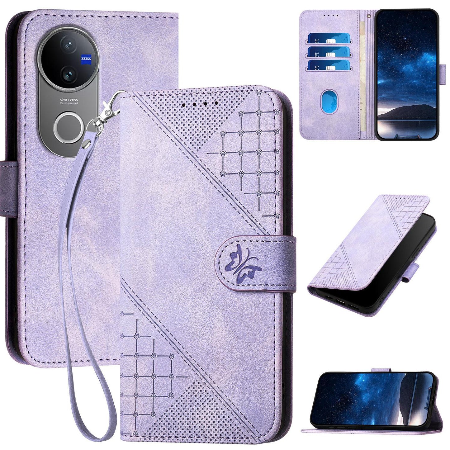 For vivo V50 Grid Butterfly Embossed Pattern Leather Phone Case with Lanyard(Light Purple)