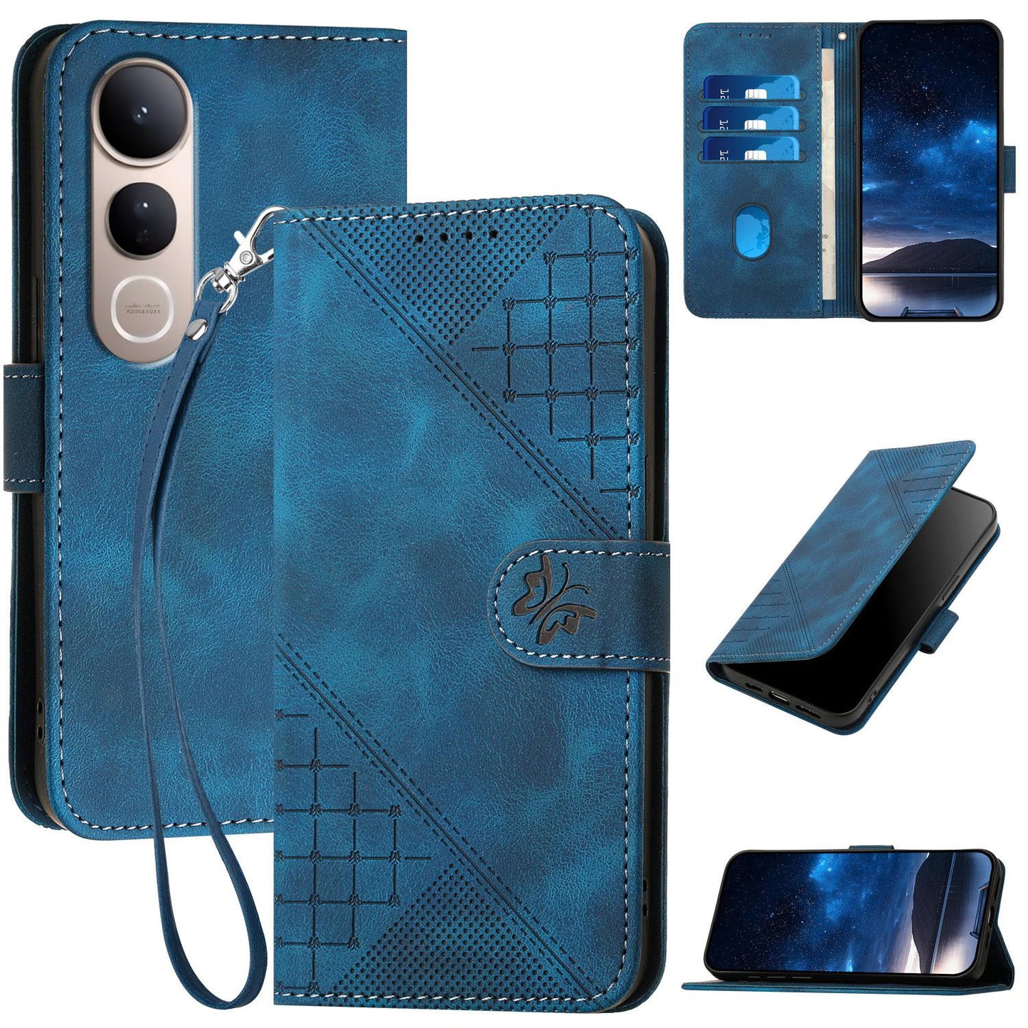 For vivo V50 Lite 4G / 5G Grid Butterfly Embossed Pattern Leather Phone Case with Lanyard(Dark Blue)
