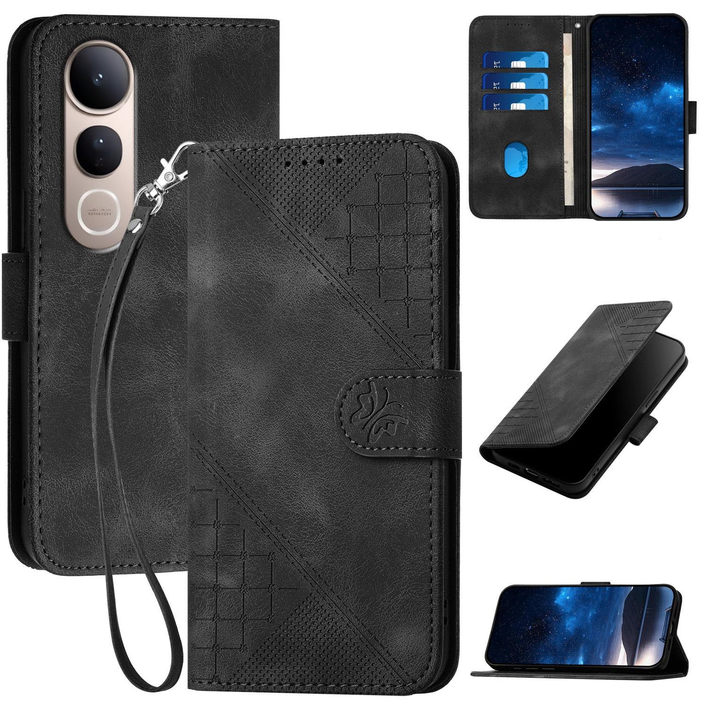 For vivo V50 Lite 4G / 5G Grid Butterfly Embossed Pattern Leather Phone Case with Lanyard(Black)