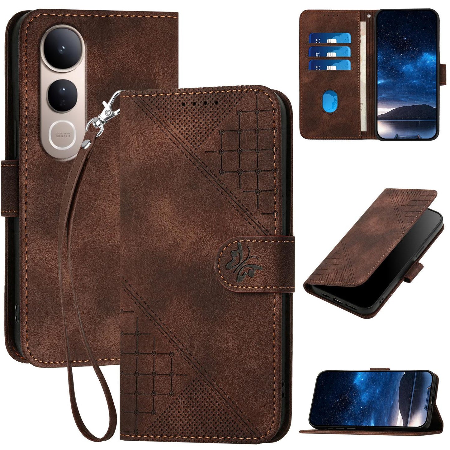 For vivo V50 Lite 4G / 5G Grid Butterfly Embossed Pattern Leather Phone Case with Lanyard(Coffee)
