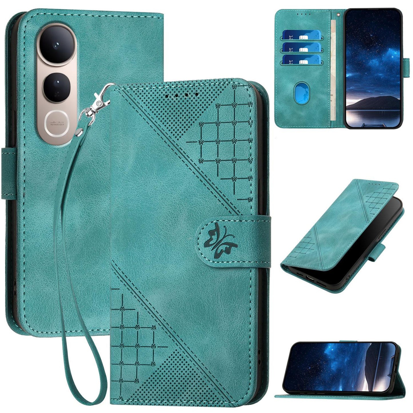 For vivo V50 Lite 4G / 5G Grid Butterfly Embossed Pattern Leather Phone Case with Lanyard(Light Blue)