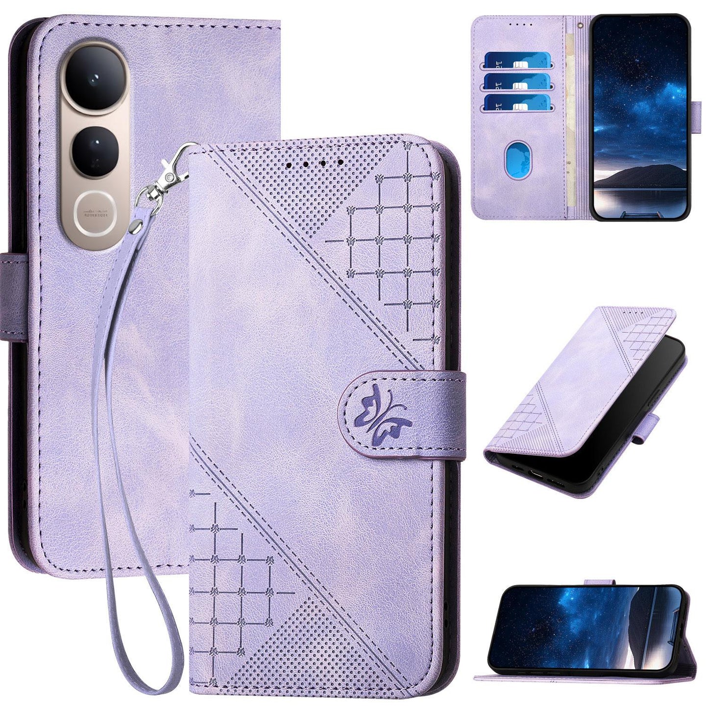 For vivo V50 Lite 4G / 5G Grid Butterfly Embossed Pattern Leather Phone Case with Lanyard(Light Purple)