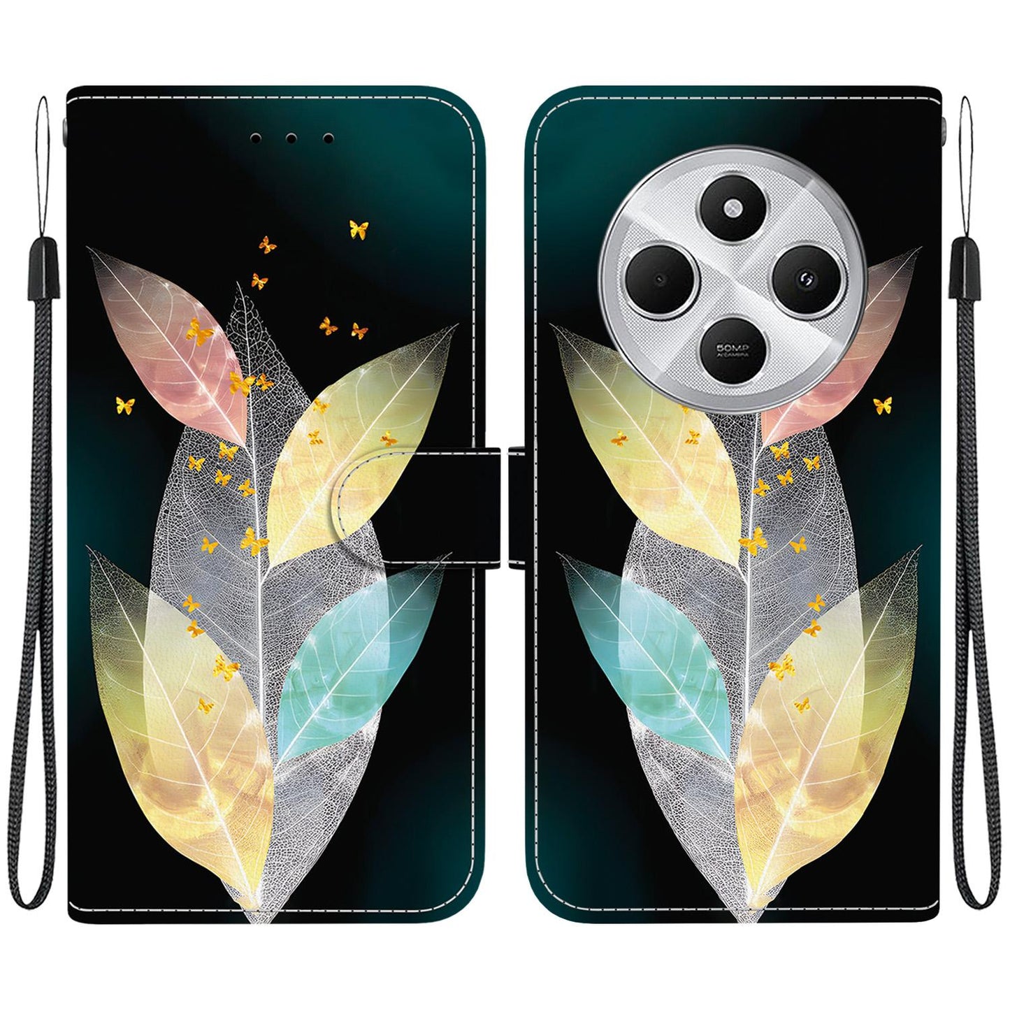 For Redmi 14C 4G Crystal Texture Colored Drawing Leather Phone Case(Colored Leaves)