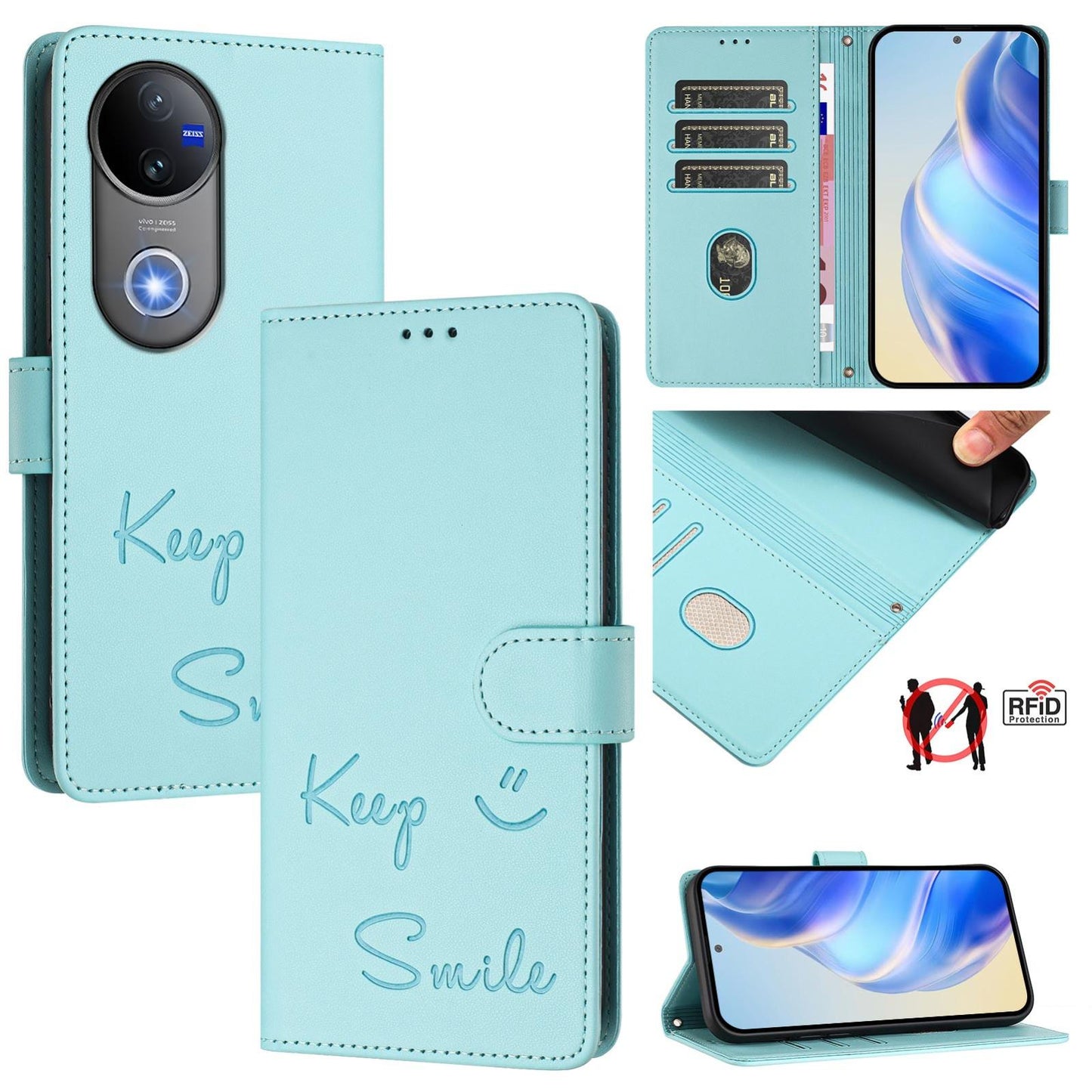 For vivo V50 5G Global Smile Embossing RFID Leather Phone Case(Mint Green)