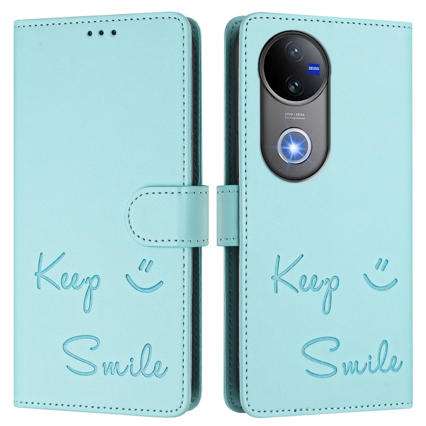 For vivo V50 5G Global Smile Embossing RFID Leather Phone Case(Mint Green)