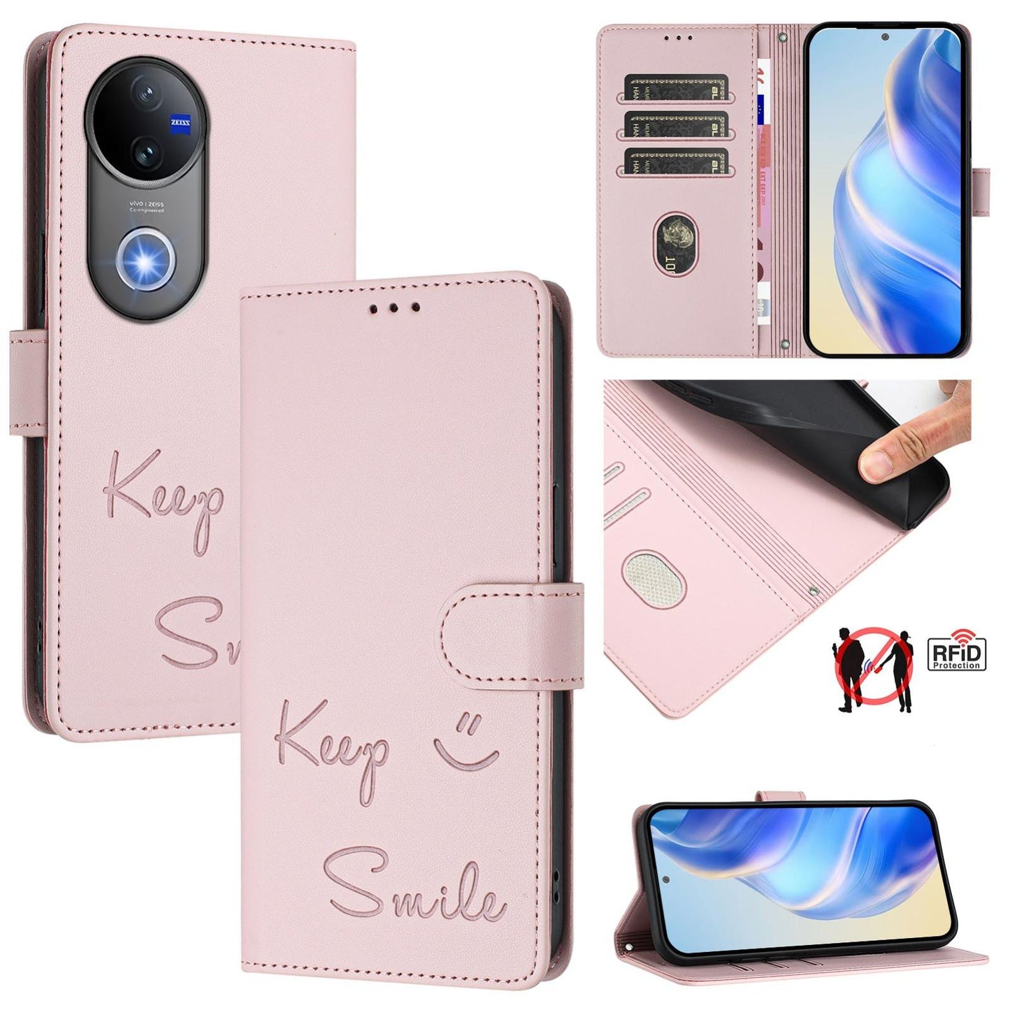 For vivo V50 5G Global Smile Embossing RFID Leather Phone Case(Pink)