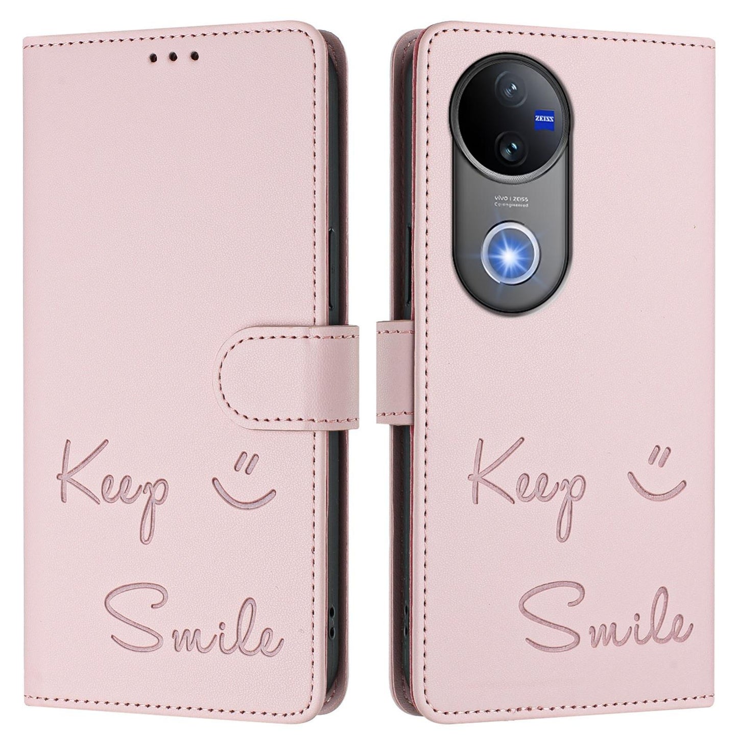 For vivo V50 5G Global Smile Embossing RFID Leather Phone Case(Pink)