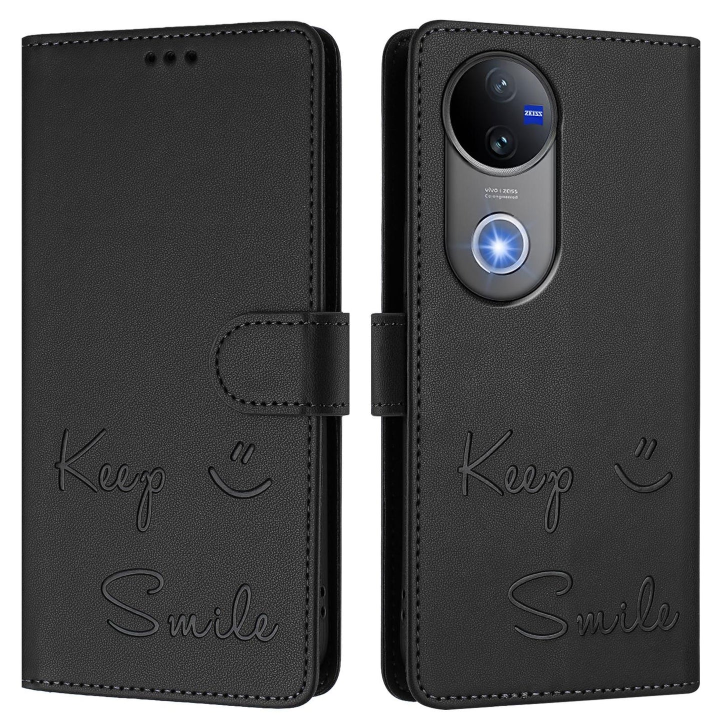For vivo V50 5G Global Smile Embossing RFID Leather Phone Case(Black)
