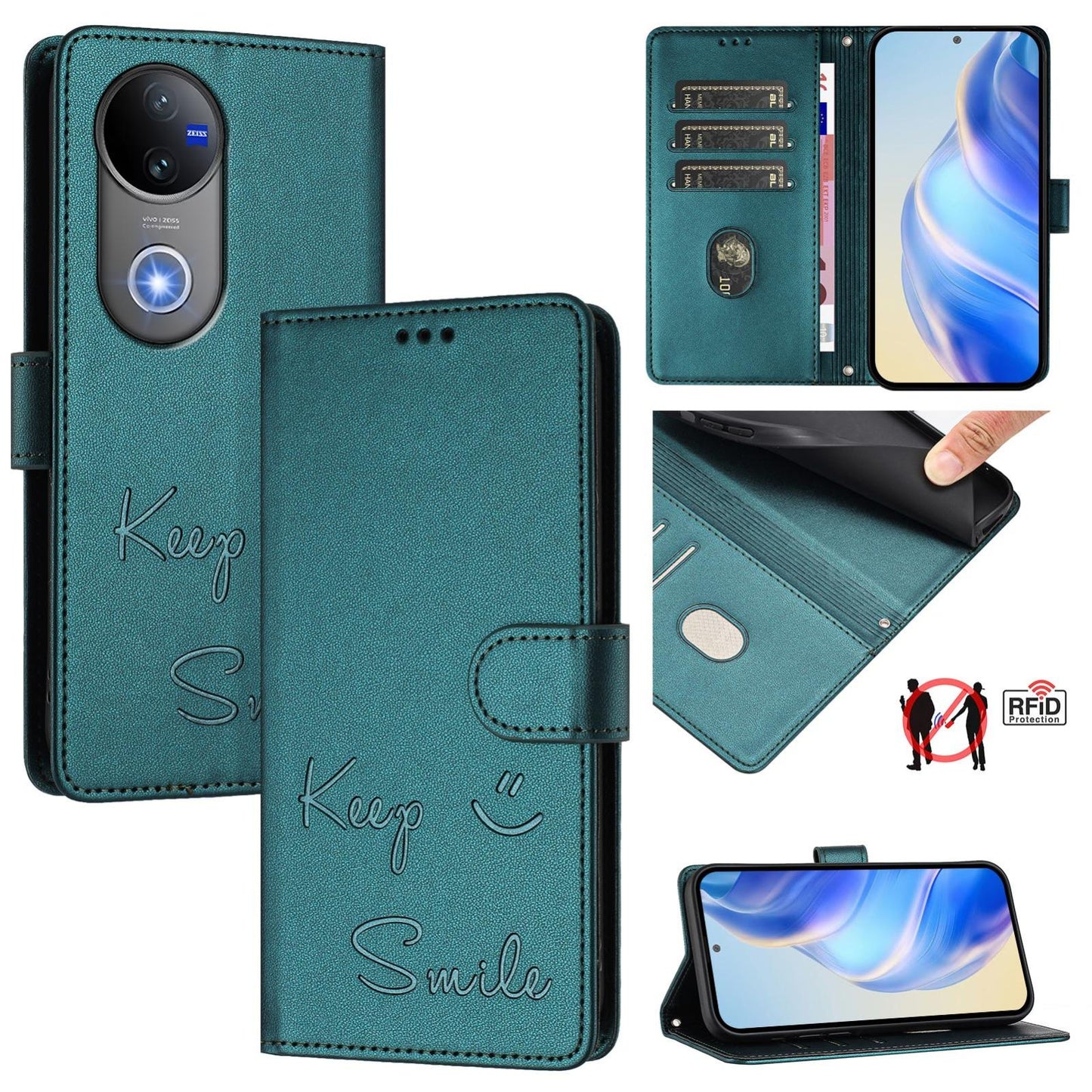 For vivo V50 5G Global Smile Embossing RFID Leather Phone Case(Peacock Green)