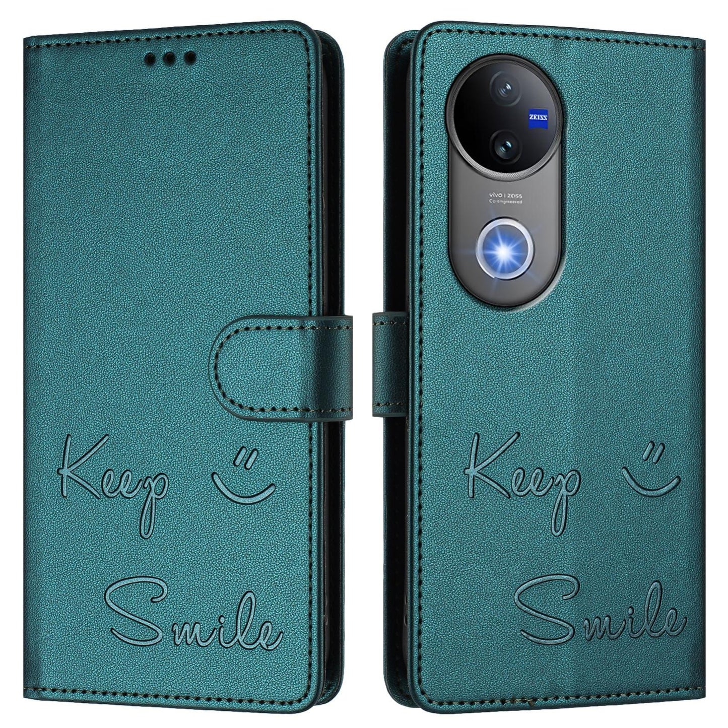 For vivo V50 5G Global Smile Embossing RFID Leather Phone Case(Peacock Green)