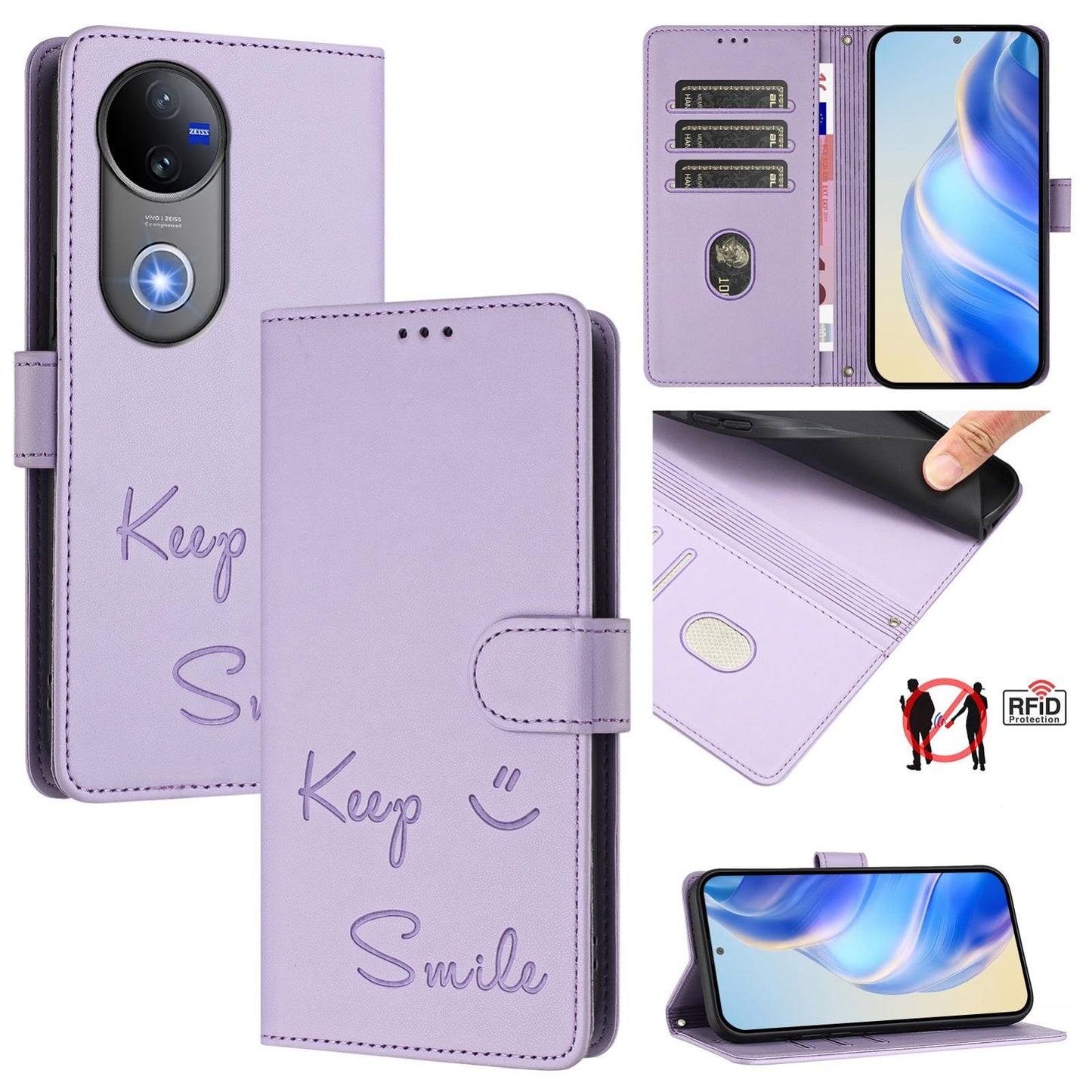 For vivo V50 5G Global Smile Embossing RFID Leather Phone Case(Light Purple)