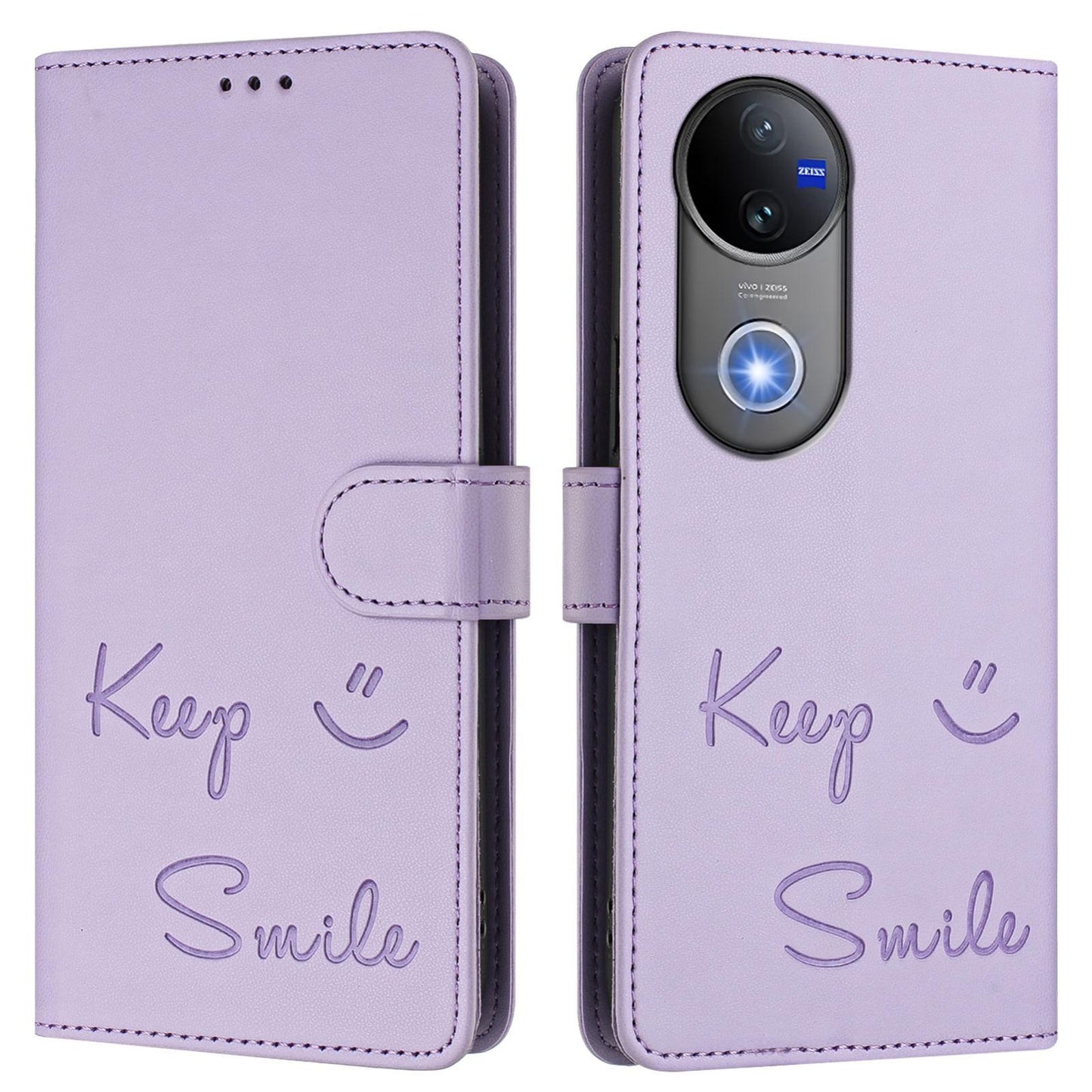 For vivo V50 5G Global Smile Embossing RFID Leather Phone Case(Light Purple)