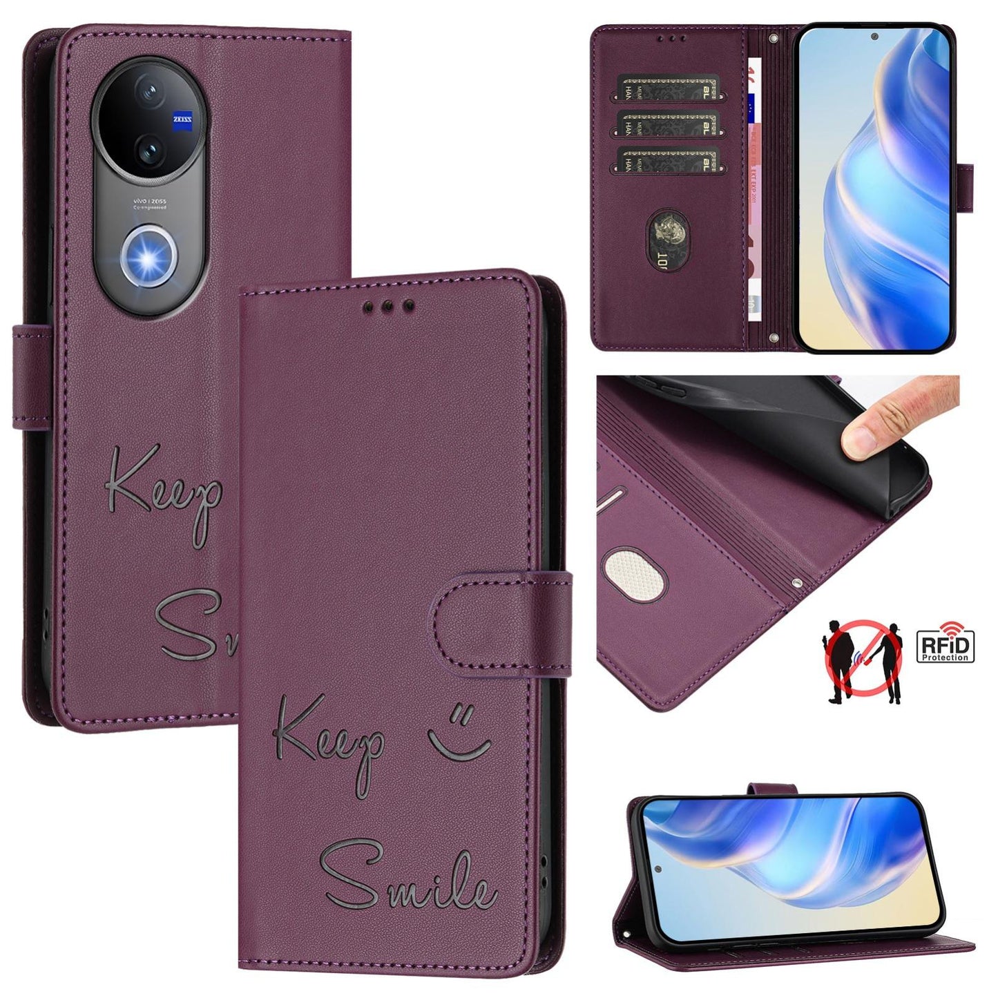 For vivo V50 5G Global Smile Embossing RFID Leather Phone Case(Violet)