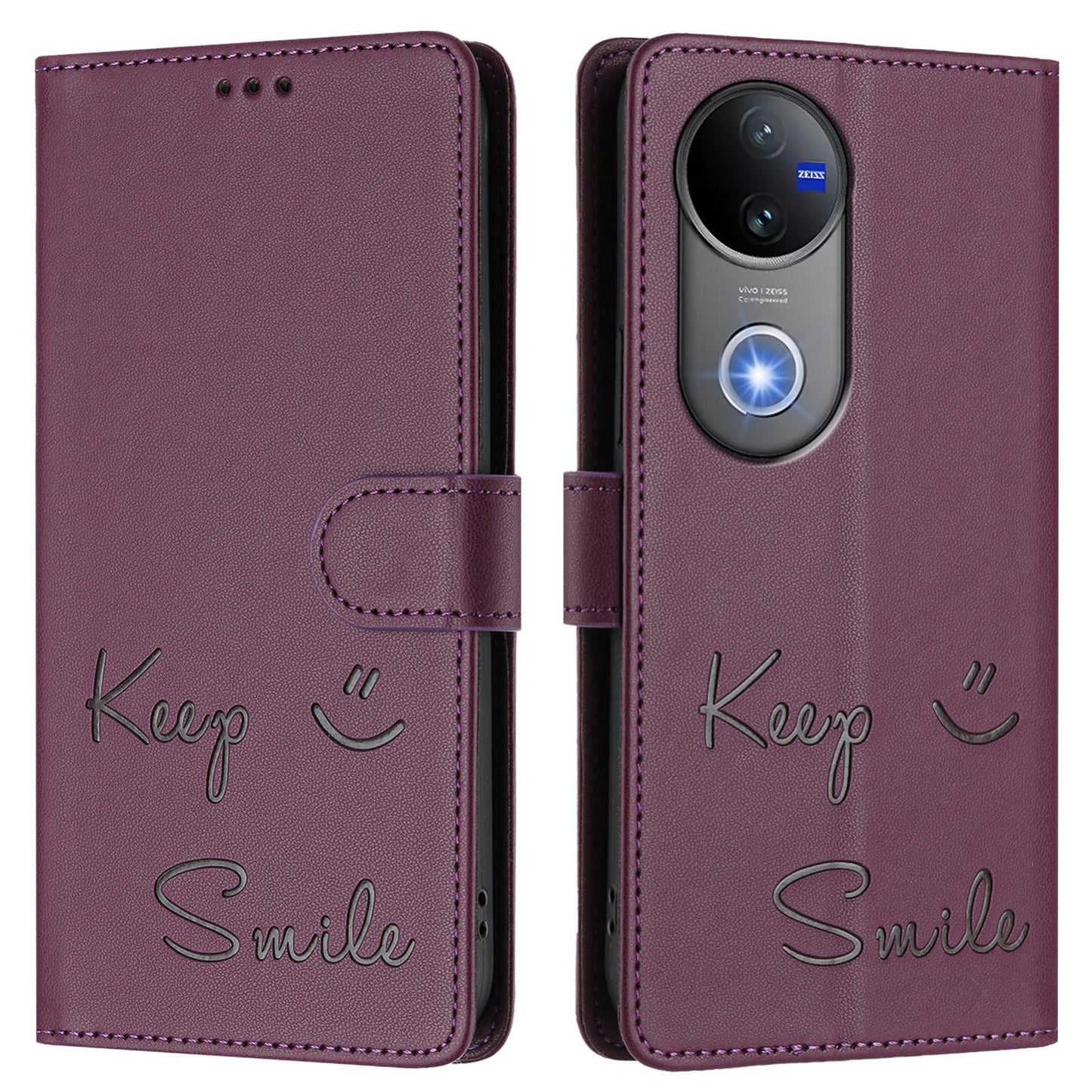 For vivo V50 5G Global Smile Embossing RFID Leather Phone Case(Violet)